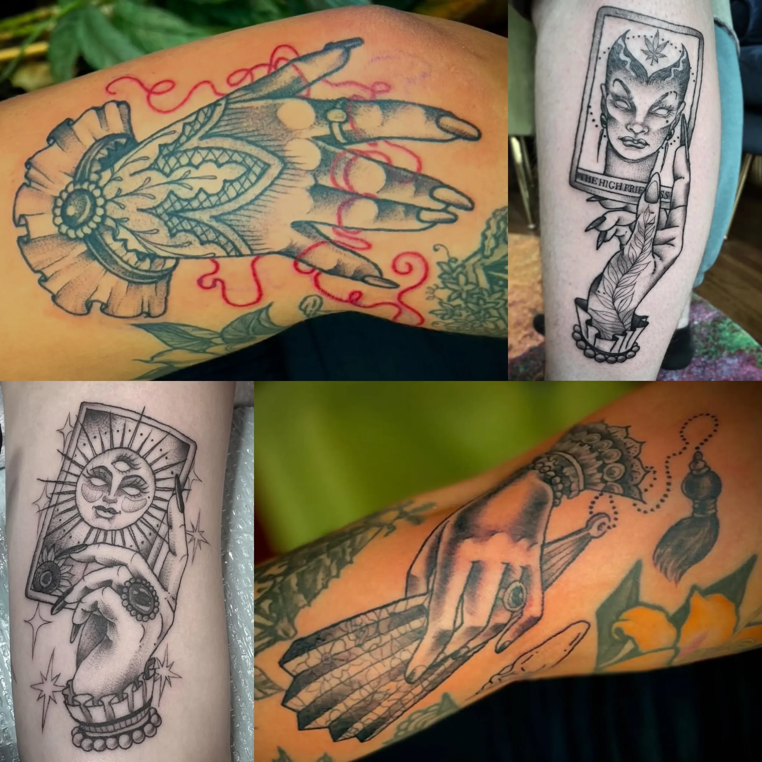 Collage of four tattoos including a Victorian mourning hand and tarot cards. Custom designs by Jess, tattoo artist in Richmond, Virginia.