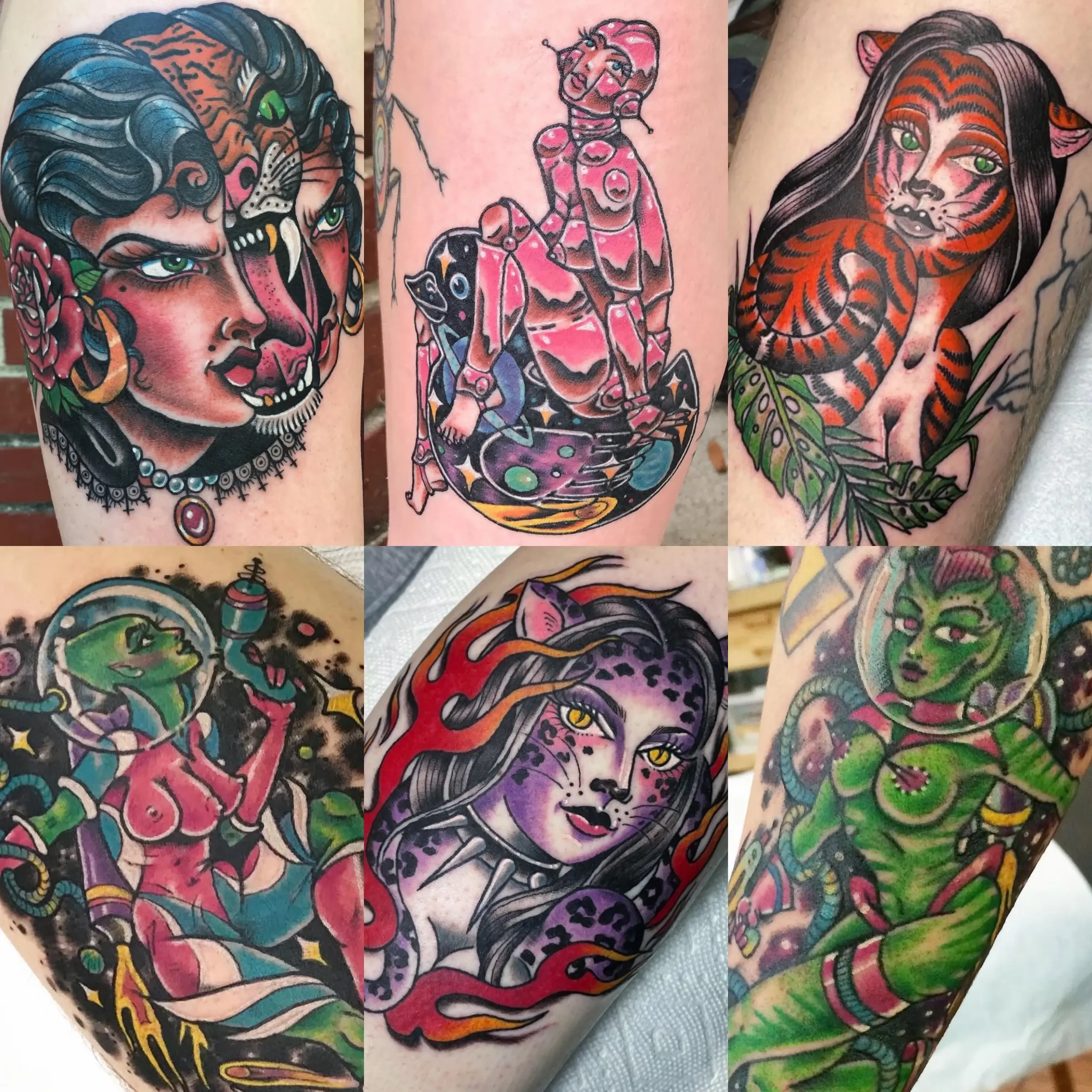 Collection of six colorful tattoos in an American traditional style featuring female characters, animals, and fantasy themes. Custom designs by Jess, tattoo artist in Richmond, Virginia.