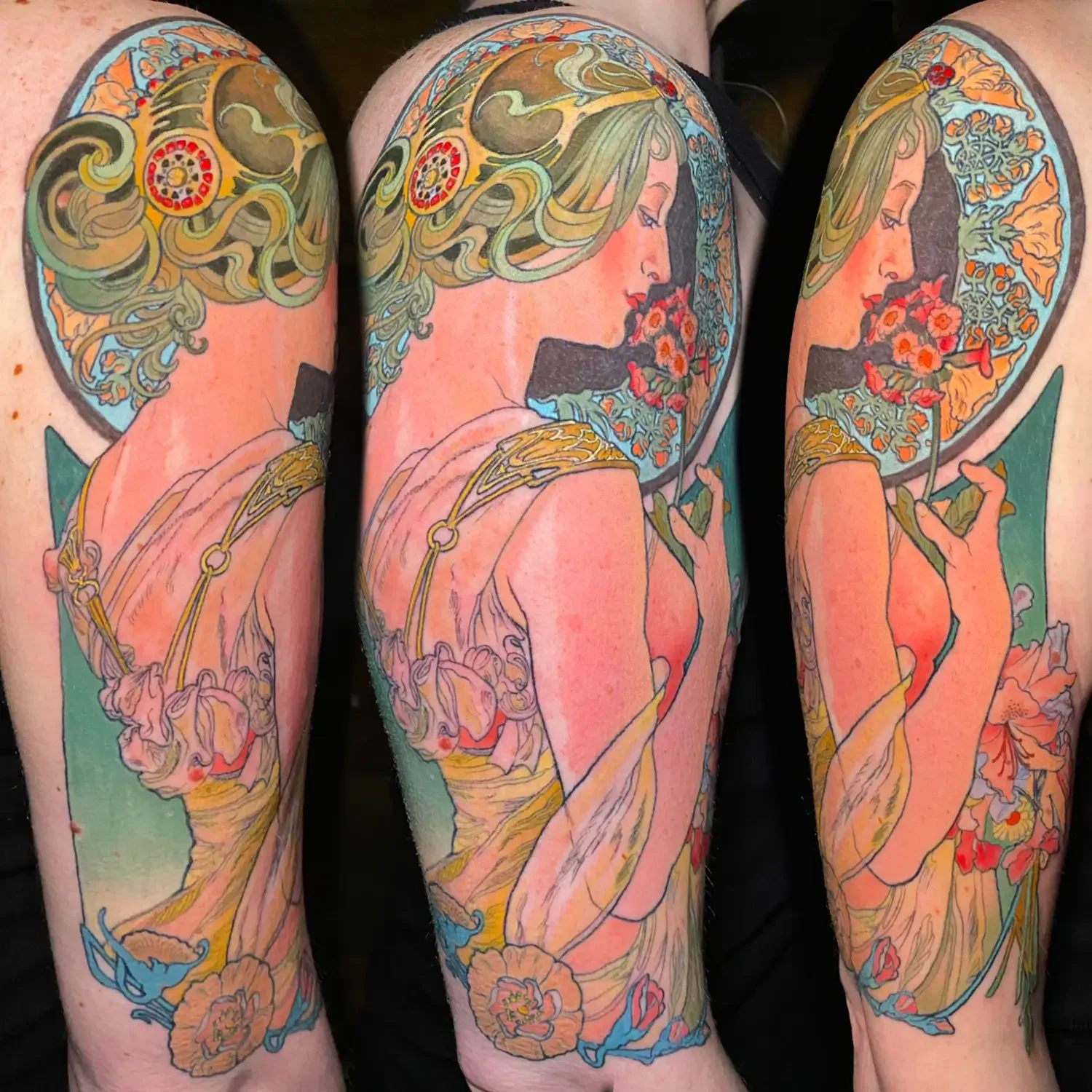 Color arm tattoo of a fantasy goddess with long flowing hair holding flowers, surrounded by colorful floral and decorative patterns. Custom Design by RVA tattoo artist Fronkie.