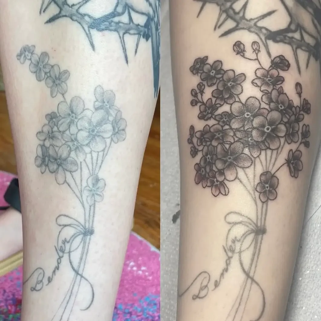 Tattoo coverup of a bouquet of flowers. Custom design by Jess, tattoo artist in Richmond, Virginia.