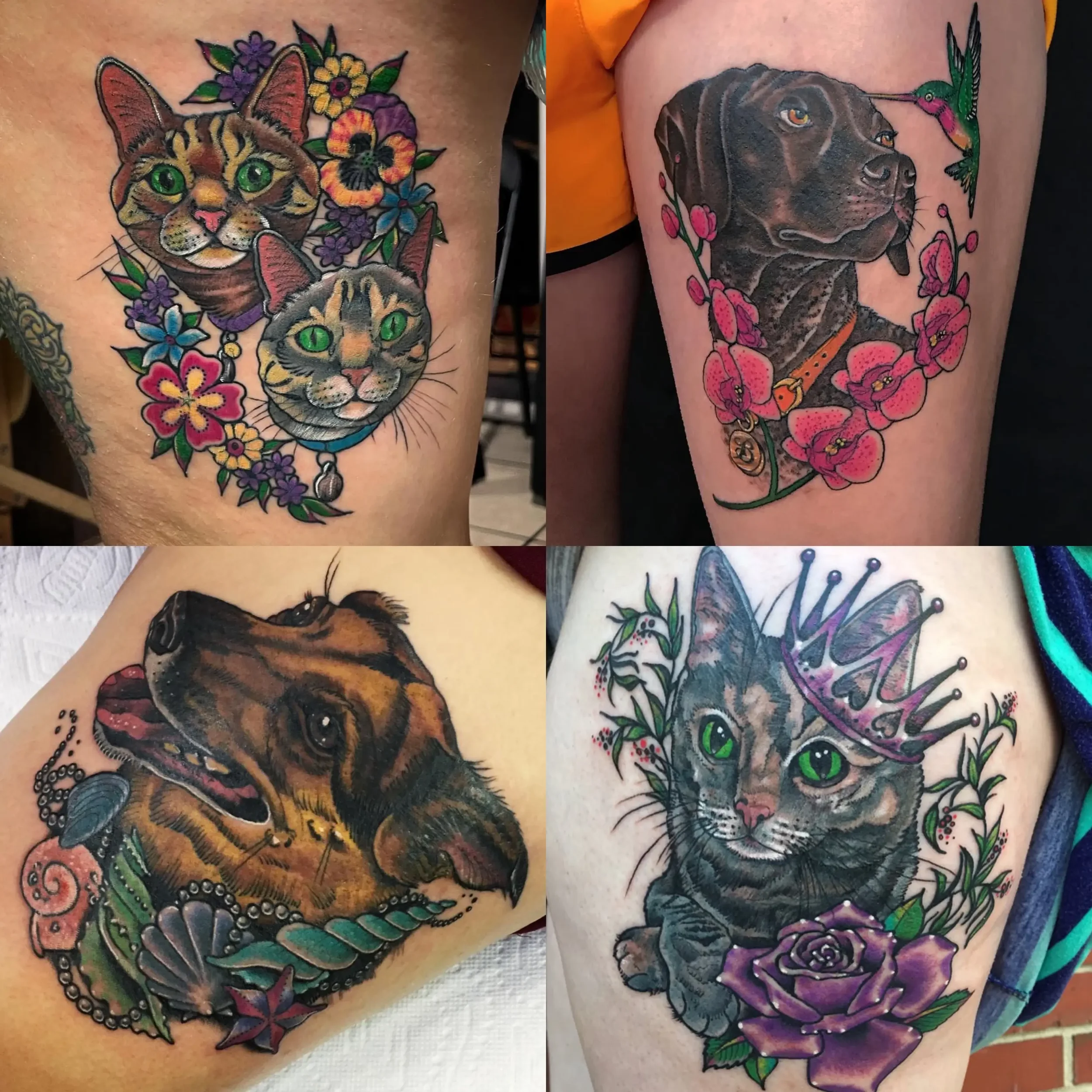 Collection of four colorful pet portrait tattoos including dog and cat faces with floral elements. Custom designs by Jess, tattoo artist in Richmond, Virginia.