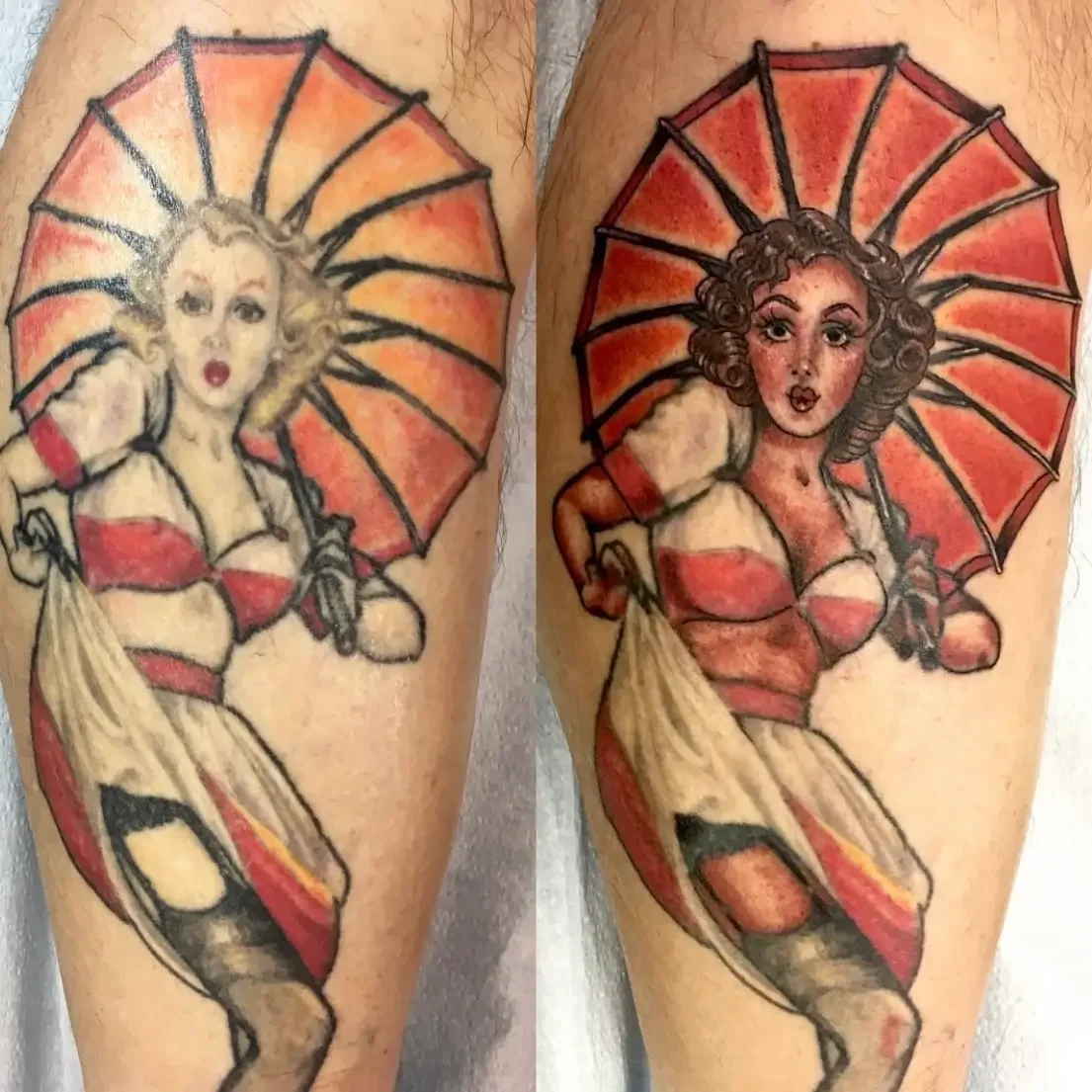 Rework of American Traditional pinup girl with umbrella tattoo. Done by Jess, tattoo artist in Richmond, Virginia.