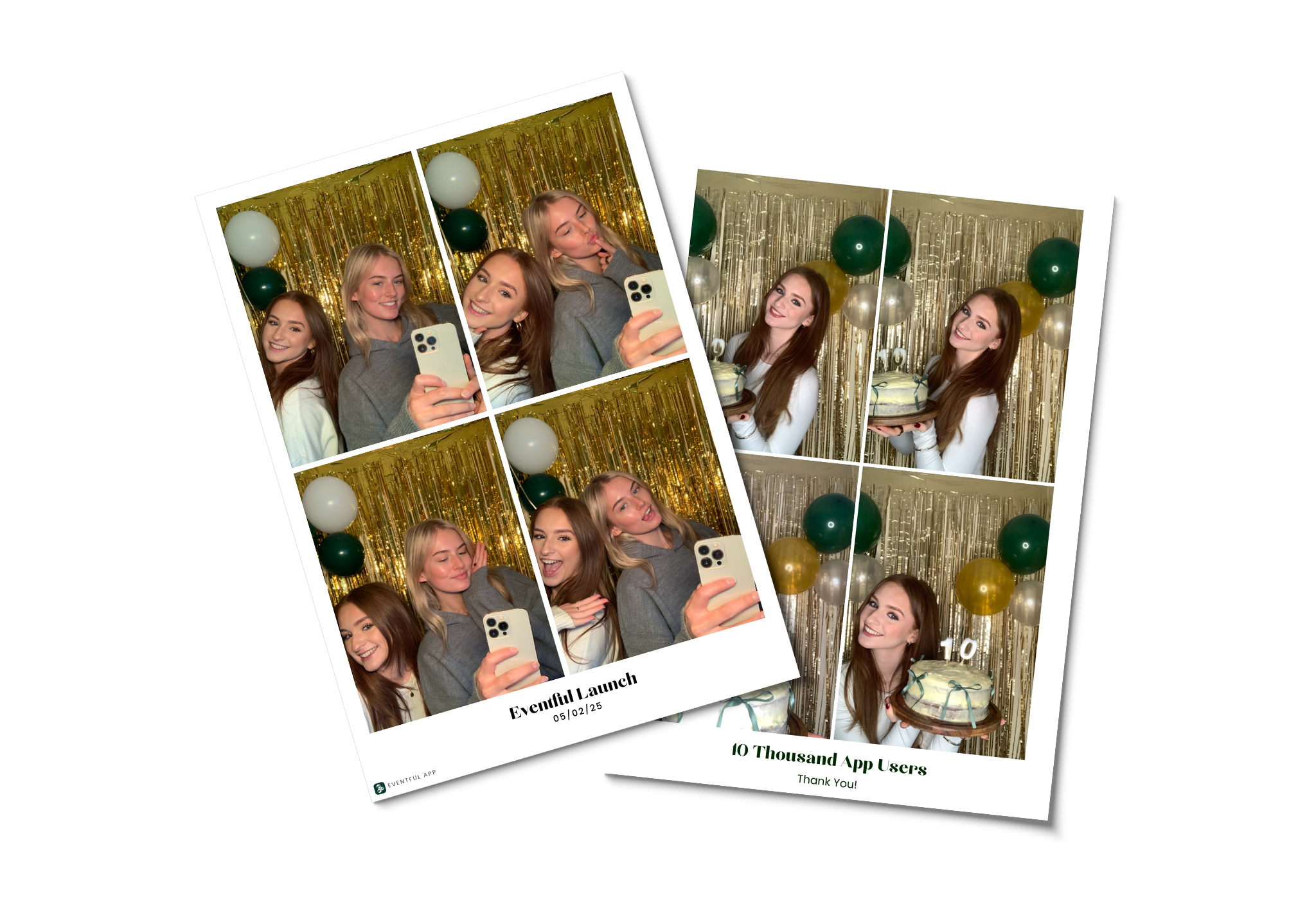 collage of event photos showing women taking selfies and holding a cake against a gold and green balloon backdrop, celebrating an app launch with milestone achievements.