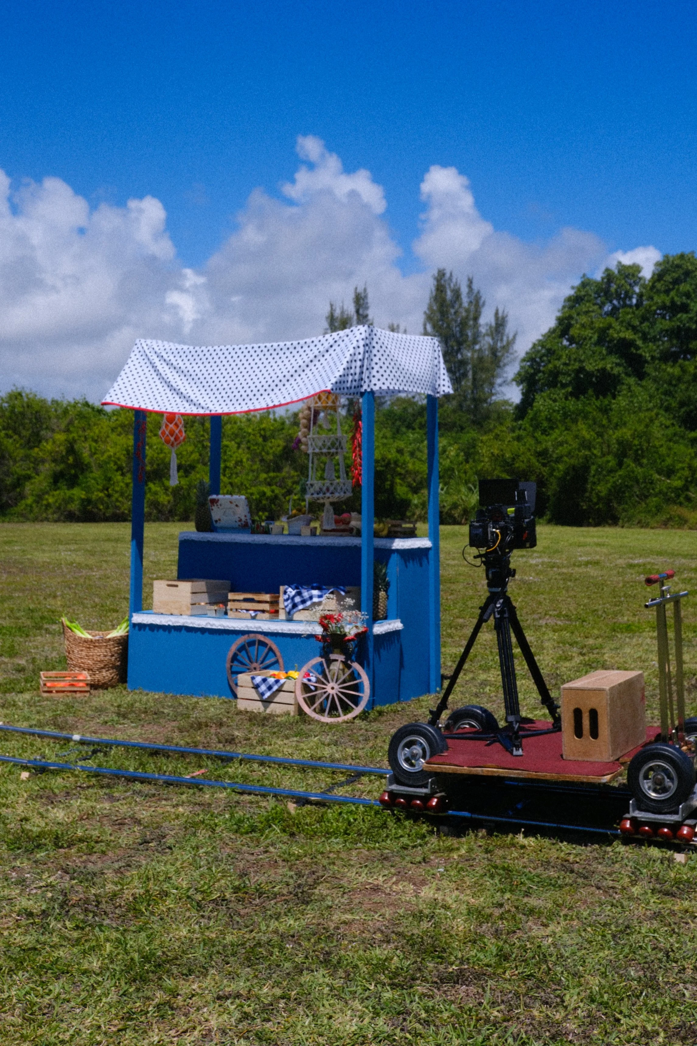 A small blue and white cart with a checkered red and white canopy, decorated with flowers and toys, set up outdoors in a grassy field with trees and a blue sky filled with clouds in the background. A camera is mounted on a tripod next to the cart, and other equipment and boxes are nearby.