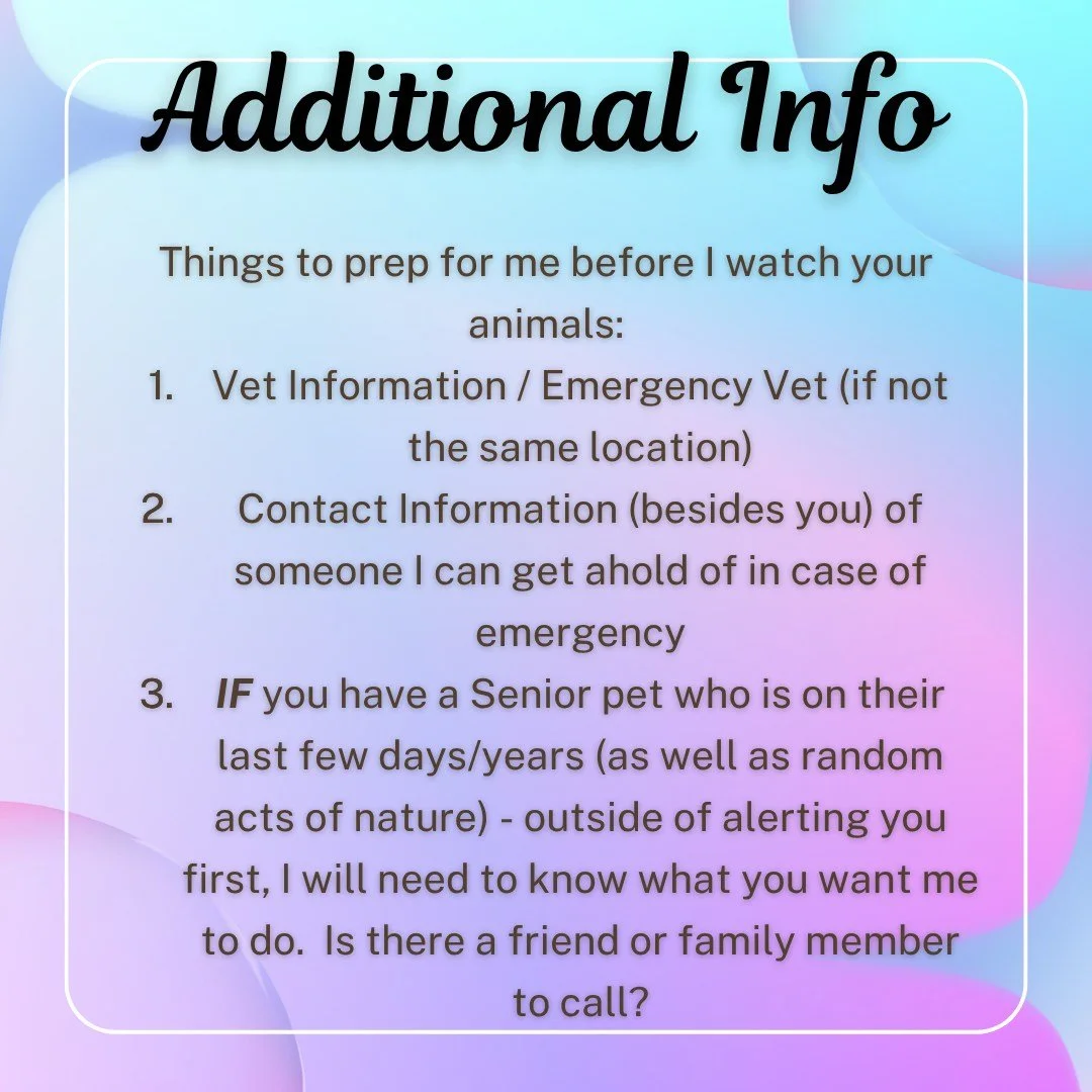 If an emergency were to come up, you would always be my 1st contact, but since you will more than likely be out of town, here are some things I ask for to help with peace of mind.

In my 15+ years, I&rsquo;ve only had to take a pet to the emergency v