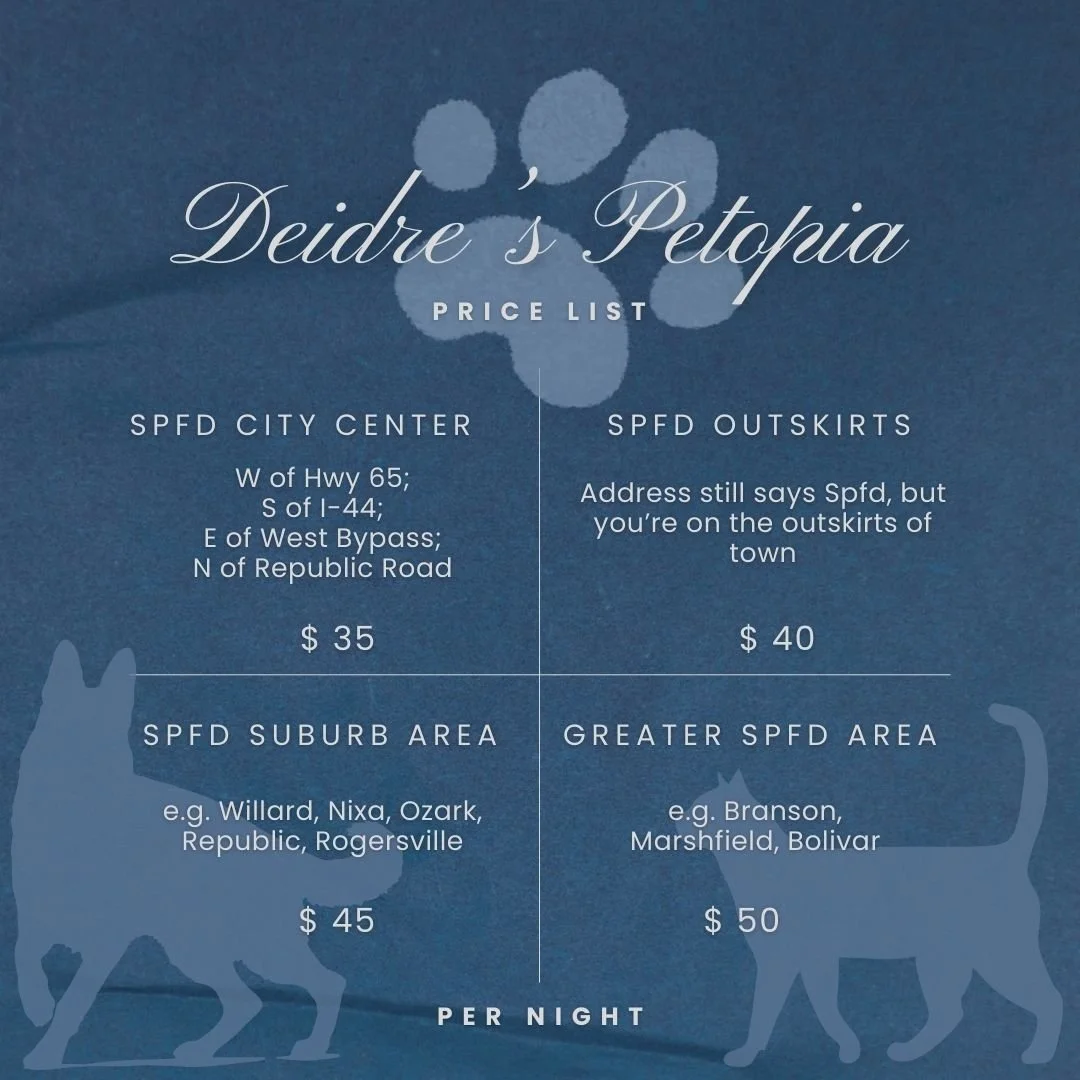 Overnight pet sitting price list with a blue background, paw print design, and silhouette of cats and dogs. Lists prices for different areas.