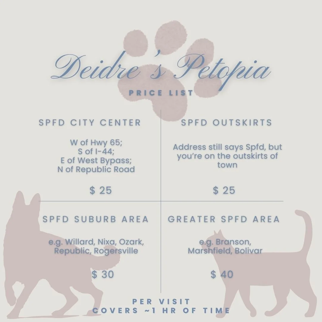 Per Visit pet sitting price list with dog paw prints and silhouettes of a cat and a dog.  Lists prices for different areas.