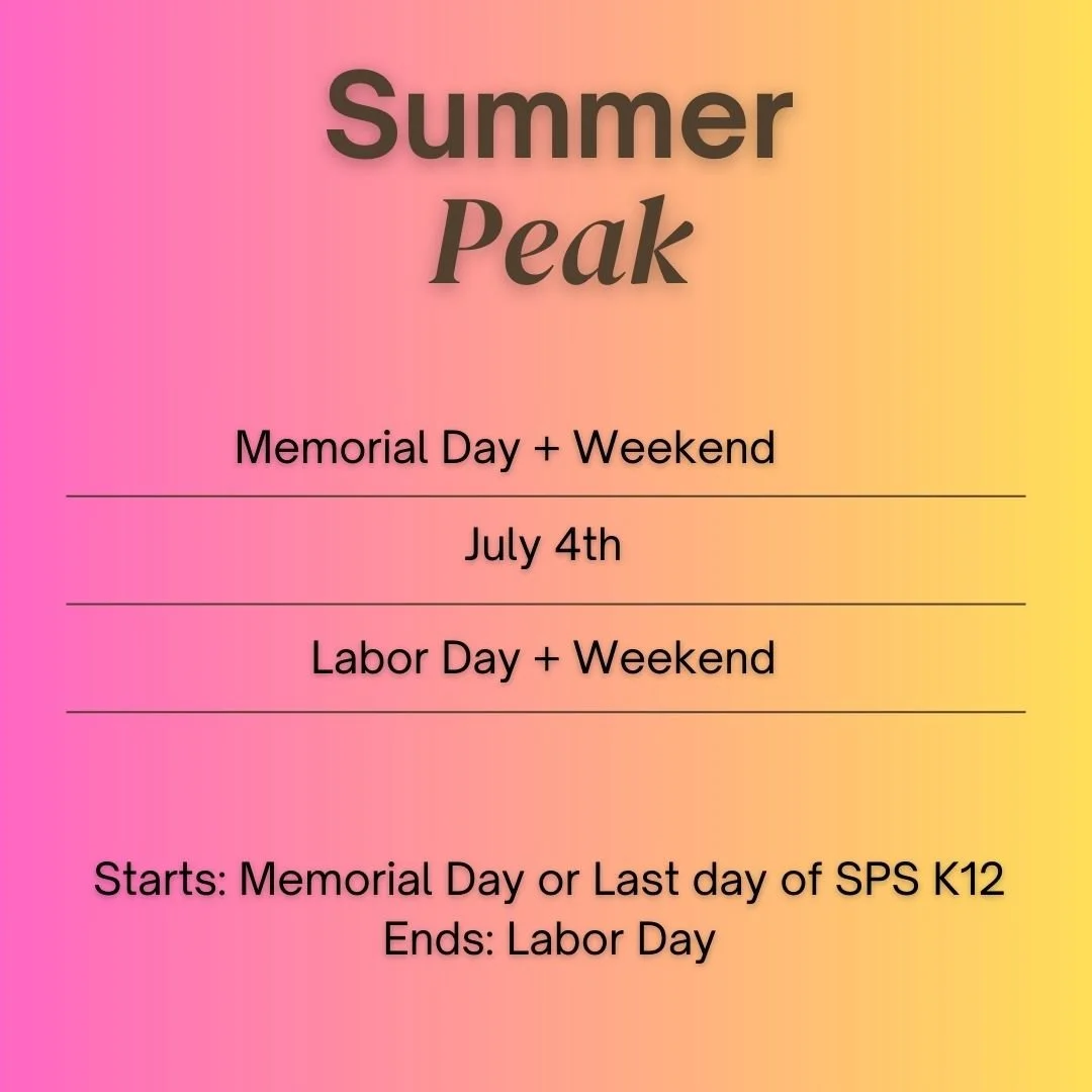 Colorful gradient background poster detailing summer holiday dates, including Memorial Day, July 4th, and Labor Day, with start and end notes.