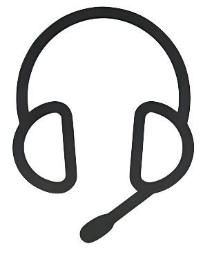 Line drawing of a headset with a microphone.