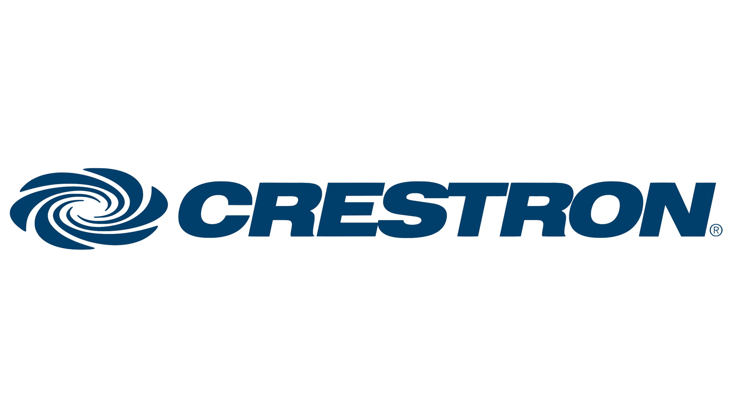 Crestron logo featuring a blue swirl icon and the word 'CRESTRON' in bold blue letters.