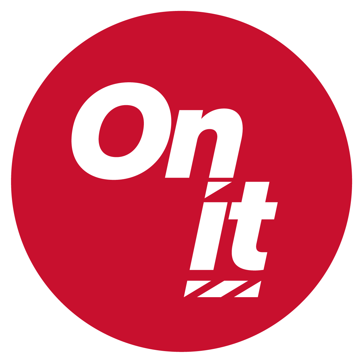 Red circular logo with the words 'On it' in white, stylized font.