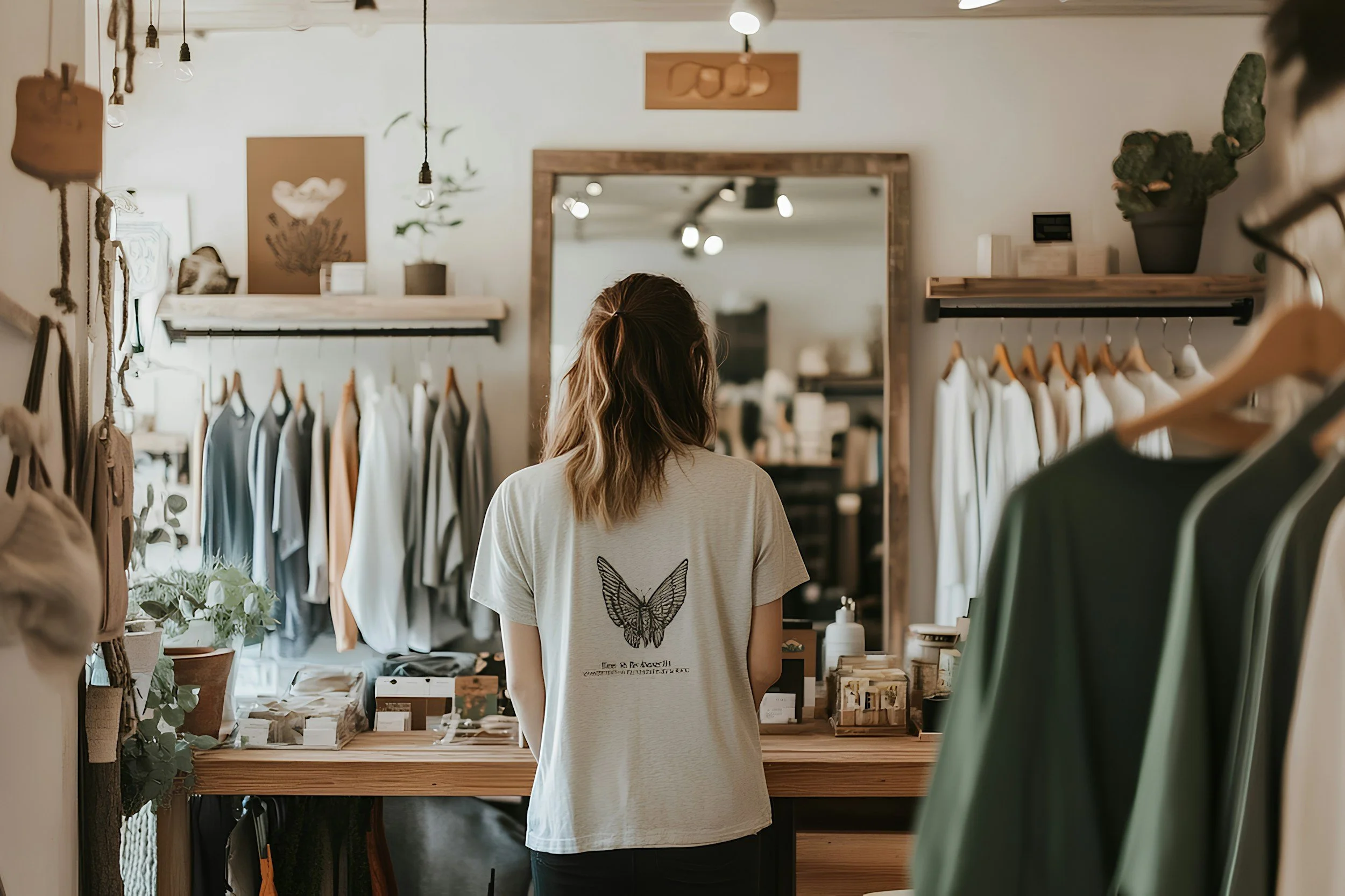 A woman with wavy, shoulder-length hair wearing a beige T-shirt with a black butterfly graphic on the back stands inside a clothing store, facing a mirror and browsing racks of clothes.