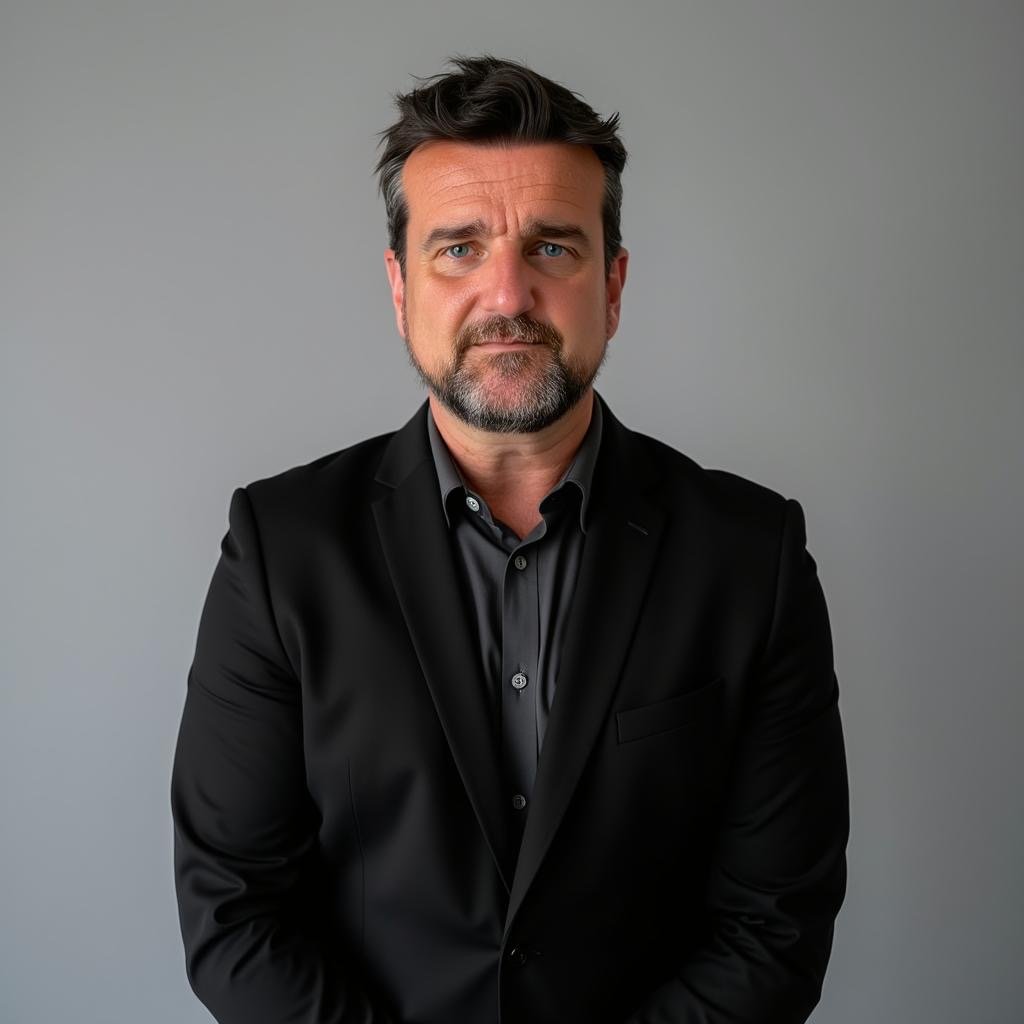 A middle-aged man with dark hair, a beard, and blue eyes, wearing a black suit and black shirt, standing against a plain gray background.