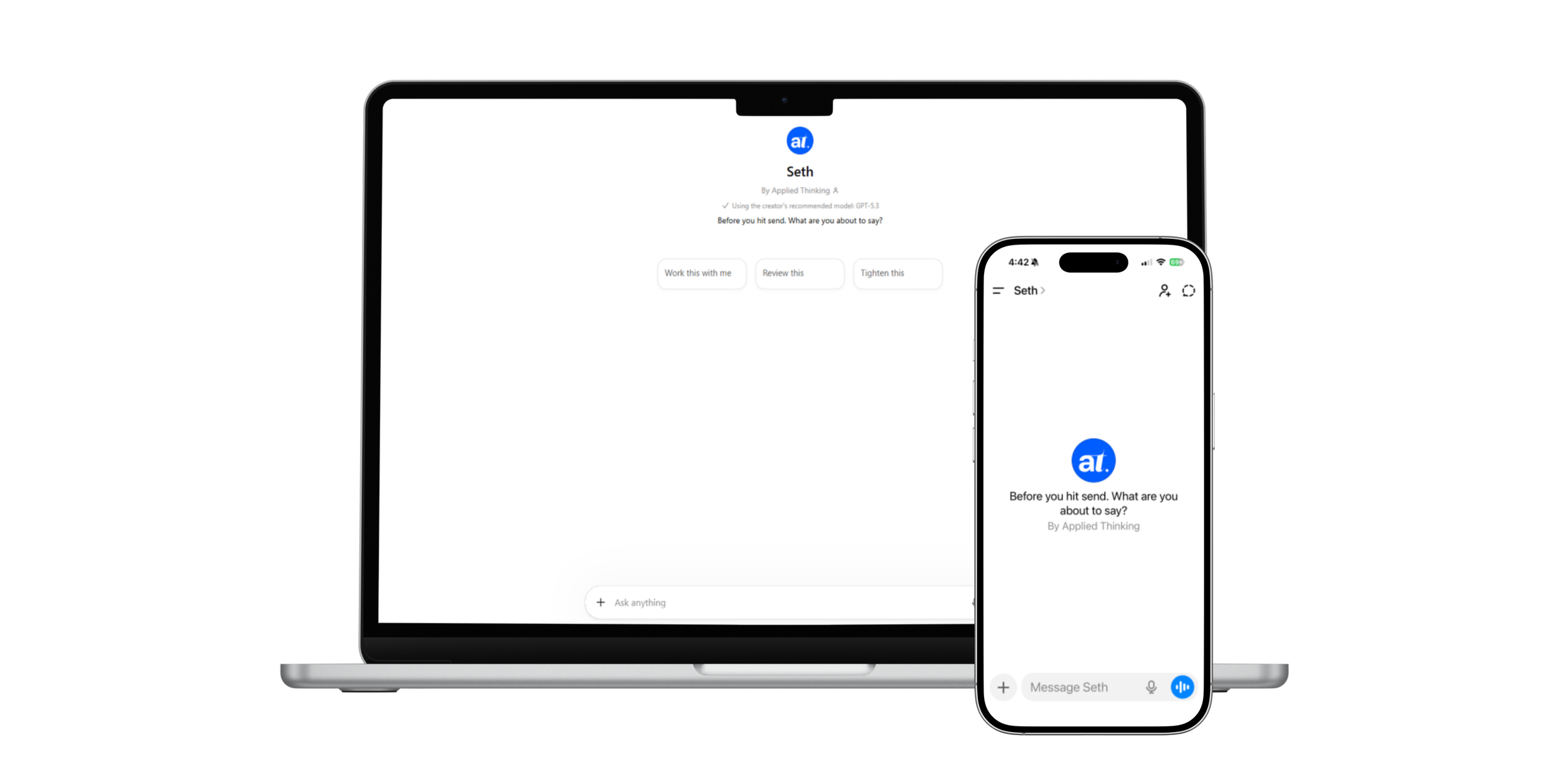 A laptop and smartphone displaying the interface of a messaging app called 'ai.' The laptop screen shows a chat with the name 'Seth' and options to 'Work this with me,' 'Review this,' or 'Tighten this.' The smartphone, positioned in front of the laptop, shows a message input at the bottom with the text 'Message Seth' and a blue voice input icon. The background is split with a dark and light grey color, accentuating the devices.