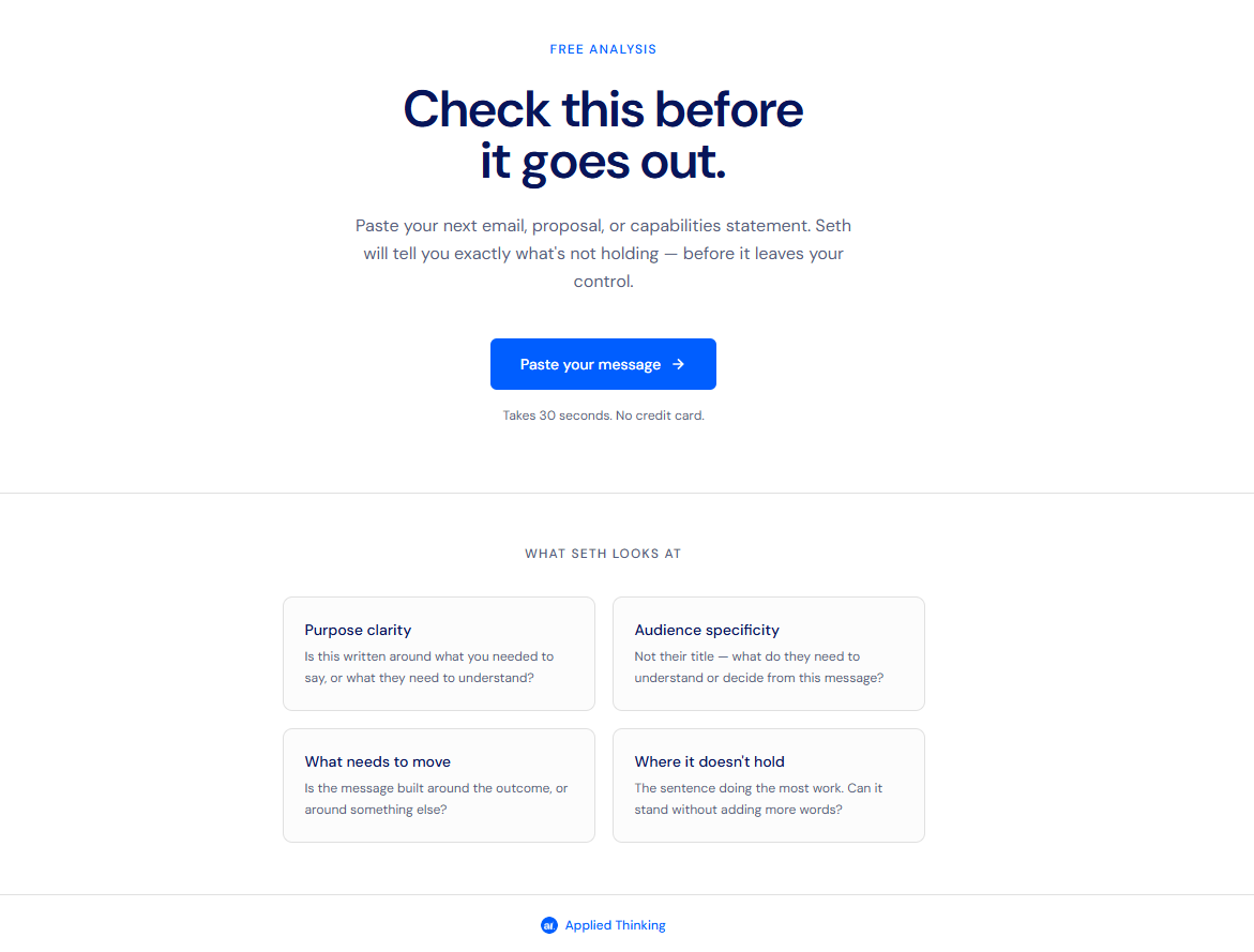 Web page offering free analysis for improving written messages, with a large blue button to paste a message, and sections explaining purpose clarity, audience specificity, what needs to move, and where it doesn't hold.