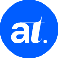 Blue circular logo with lowercase white letters 'at.' inside