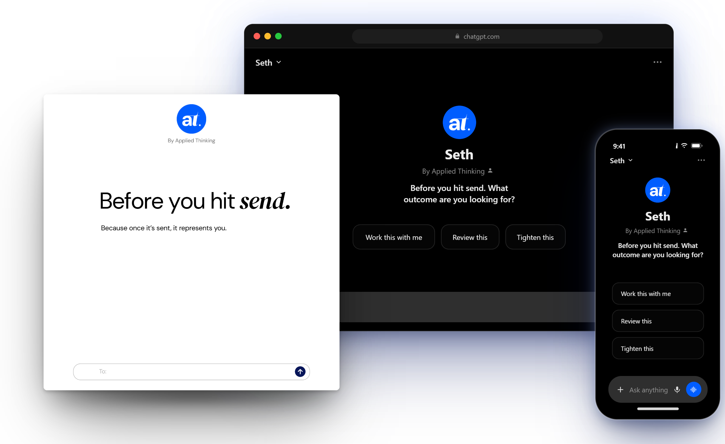 Multiple digital screens displaying the chat application 'at.' by Applied Thinking, including a message that says 'Before you hit send' and options to review, tighten, or work on the message, with a dark background theme.