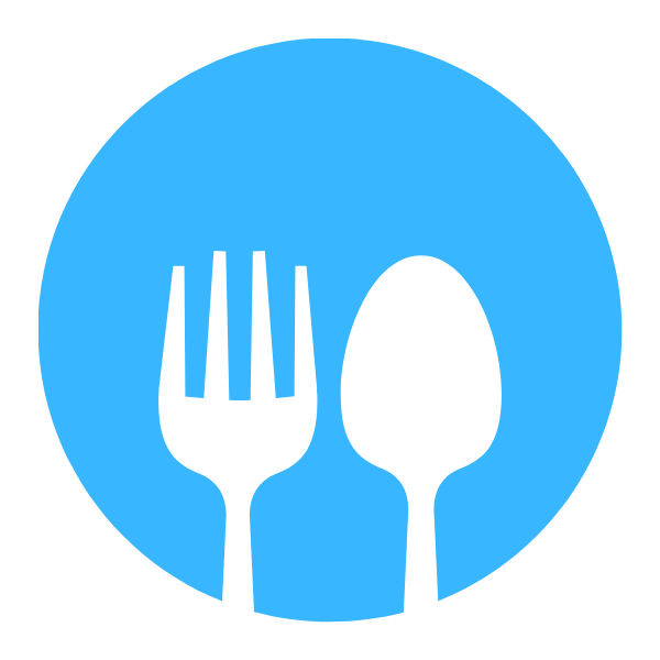 Icon of a fork and spoon inside a blue circle, representing food or dining.