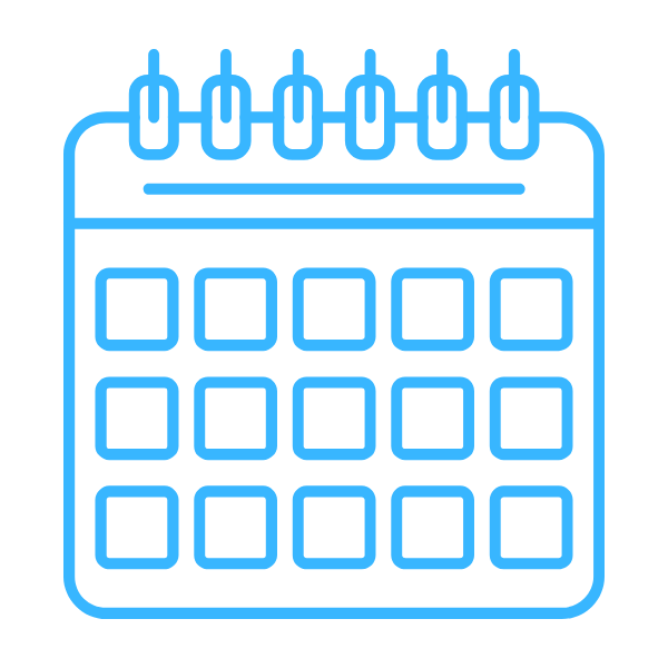 Blue outline of a calendar with four rows of squares for dates and binder rings at the top.