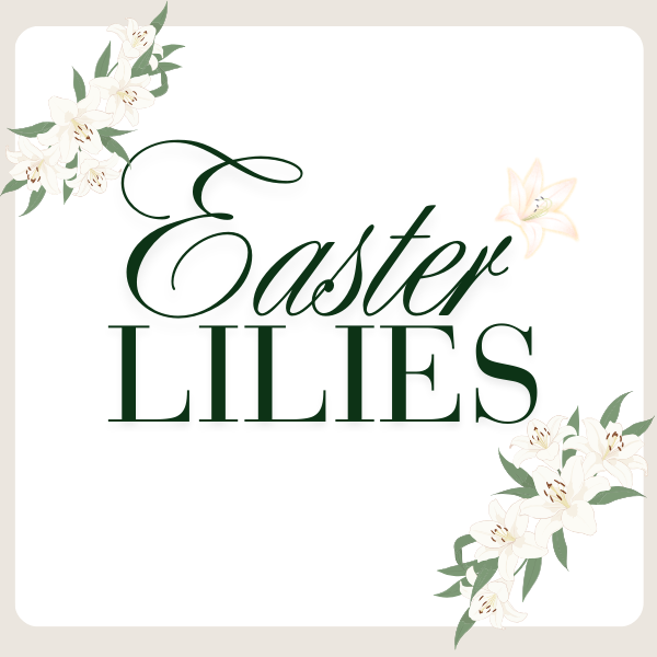 Easter lilies with text 'Easter Lilies' in elegant green font surrounded by floral decorations.