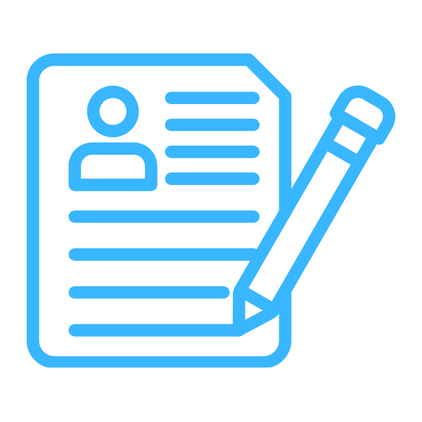 Blue outline icon of a resume or application form with a pencil.