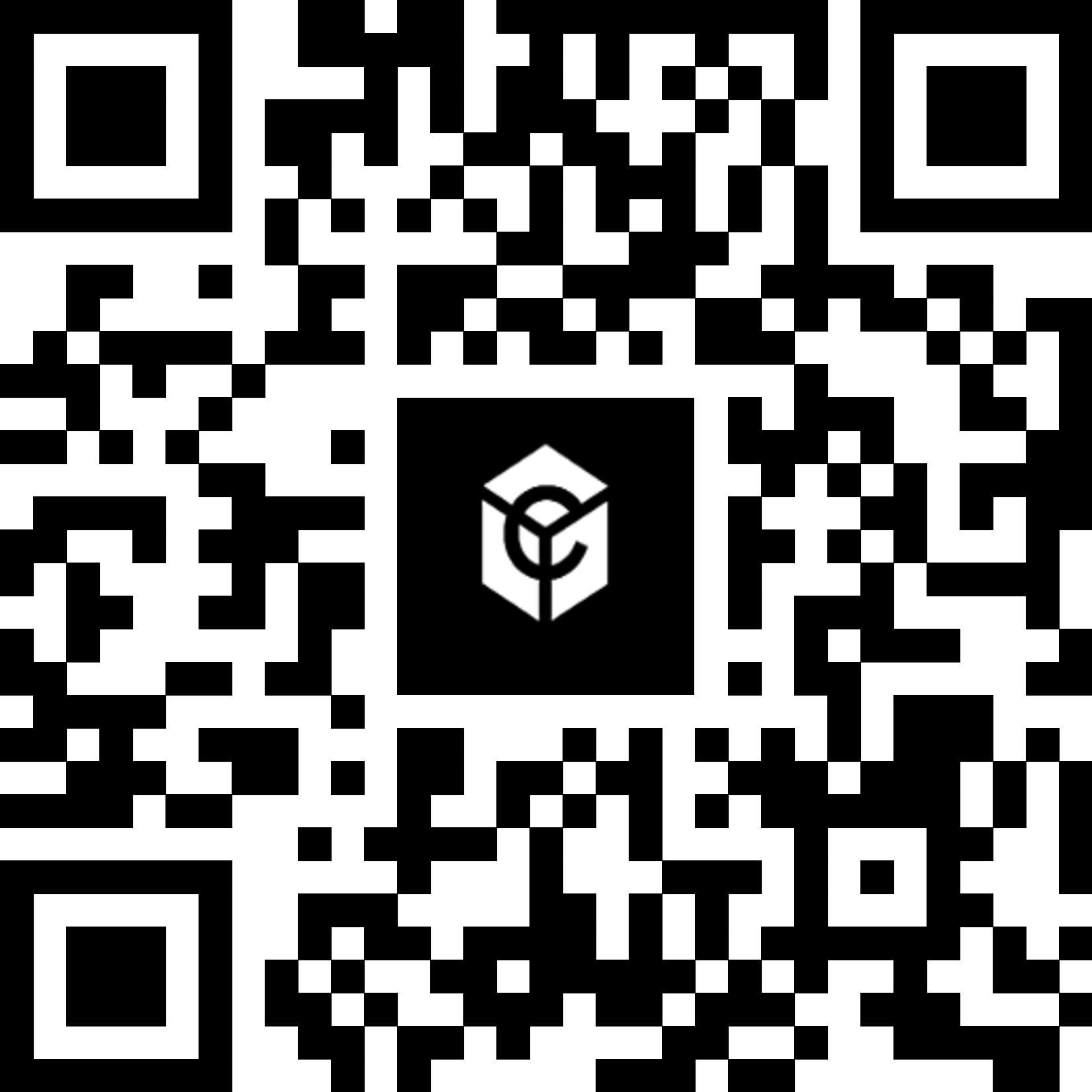 A QR code with a black and white design and a logo in the center that appears to be a 3D letter G within a cube.