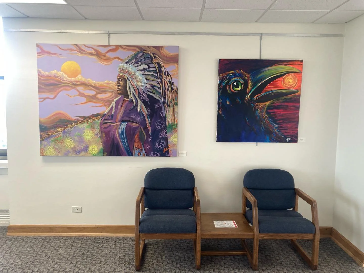 Bismarck capital show.. North Dakota Council on the arts.. two original paintings in the show.. titles, setting son and raven call