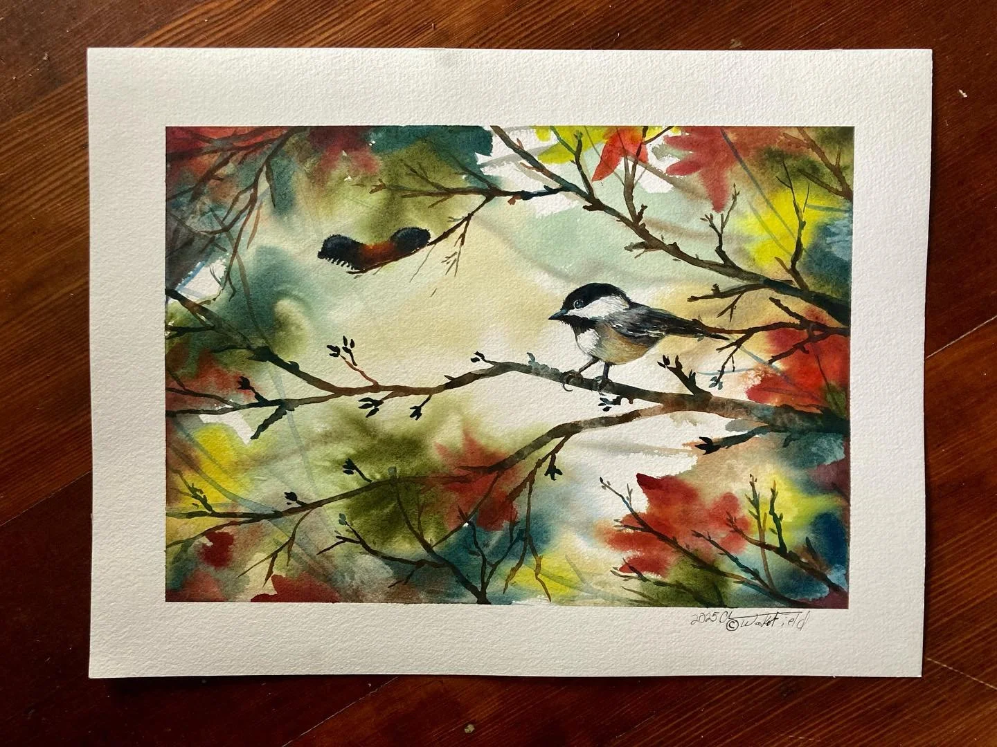 Watercolor for the day, Chickadee needs a friend