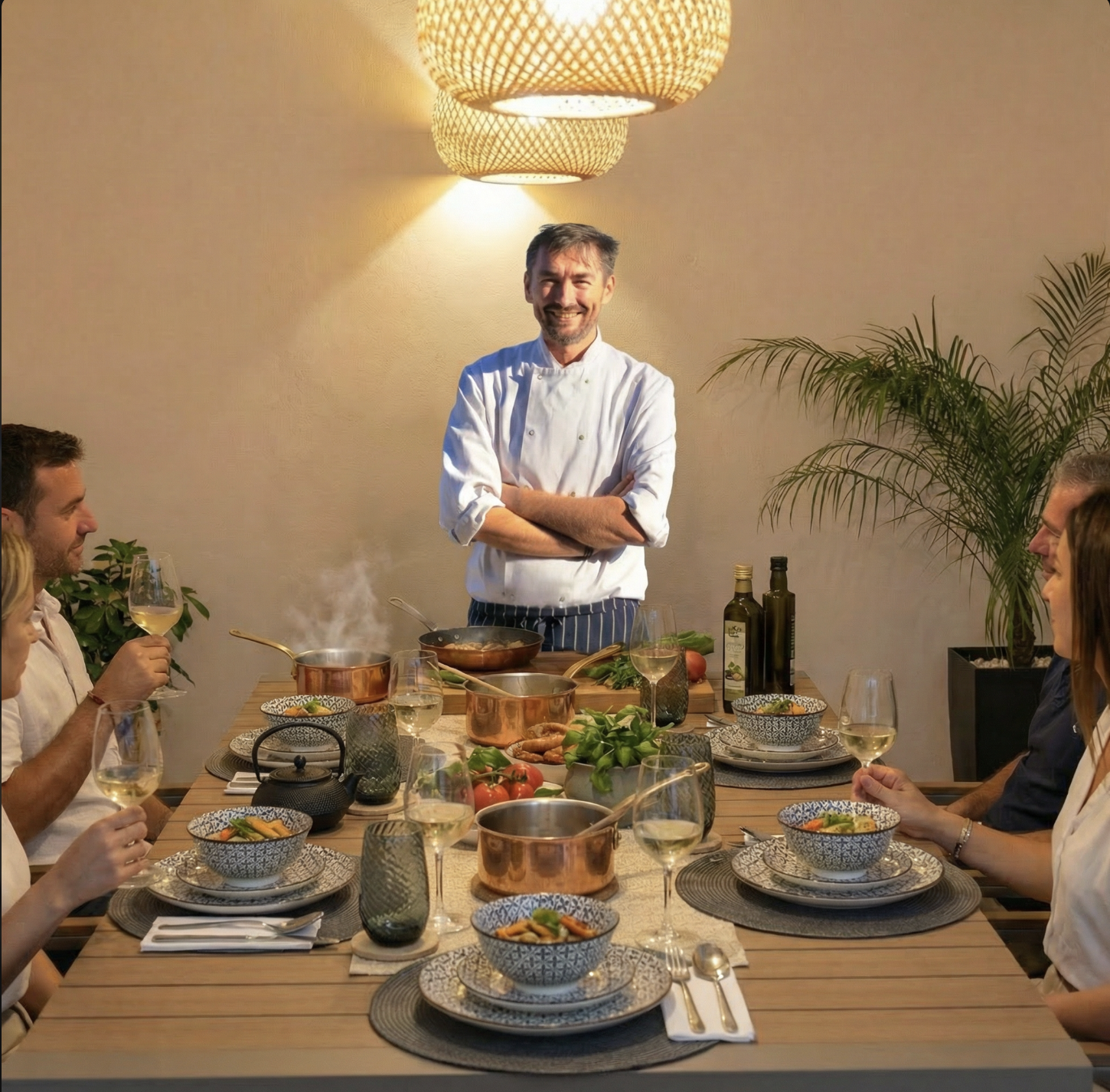 Private chef is proudly presenting his dishes to the guests of Paradissia Luxe Villa in Rhodes, Greece.