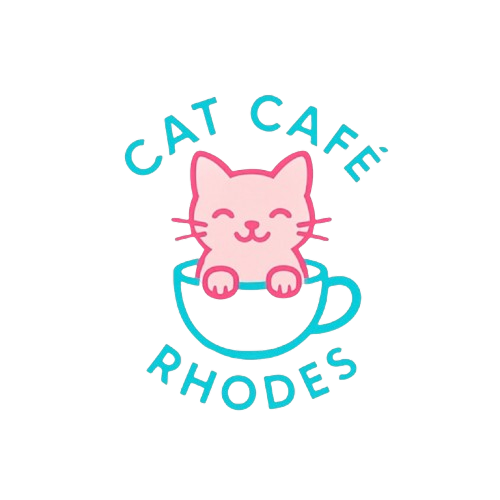 Logo for Cat Café Rhodes featuring a pink cartoon cat in a blue coffee cup with text.