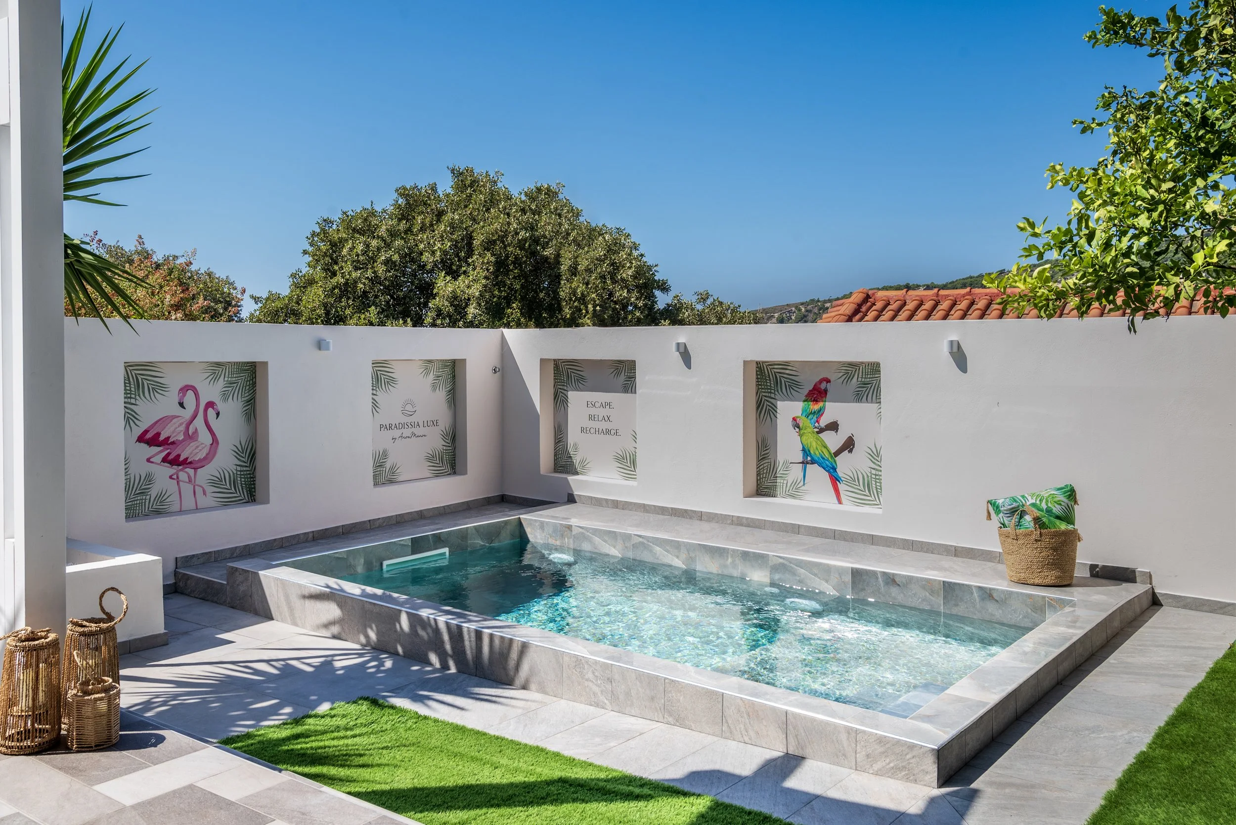 Outdoor pool with white walls decorated with tropical-themed artwork of flamingos and parrots, surrounded by greenery and a clear blue sky.