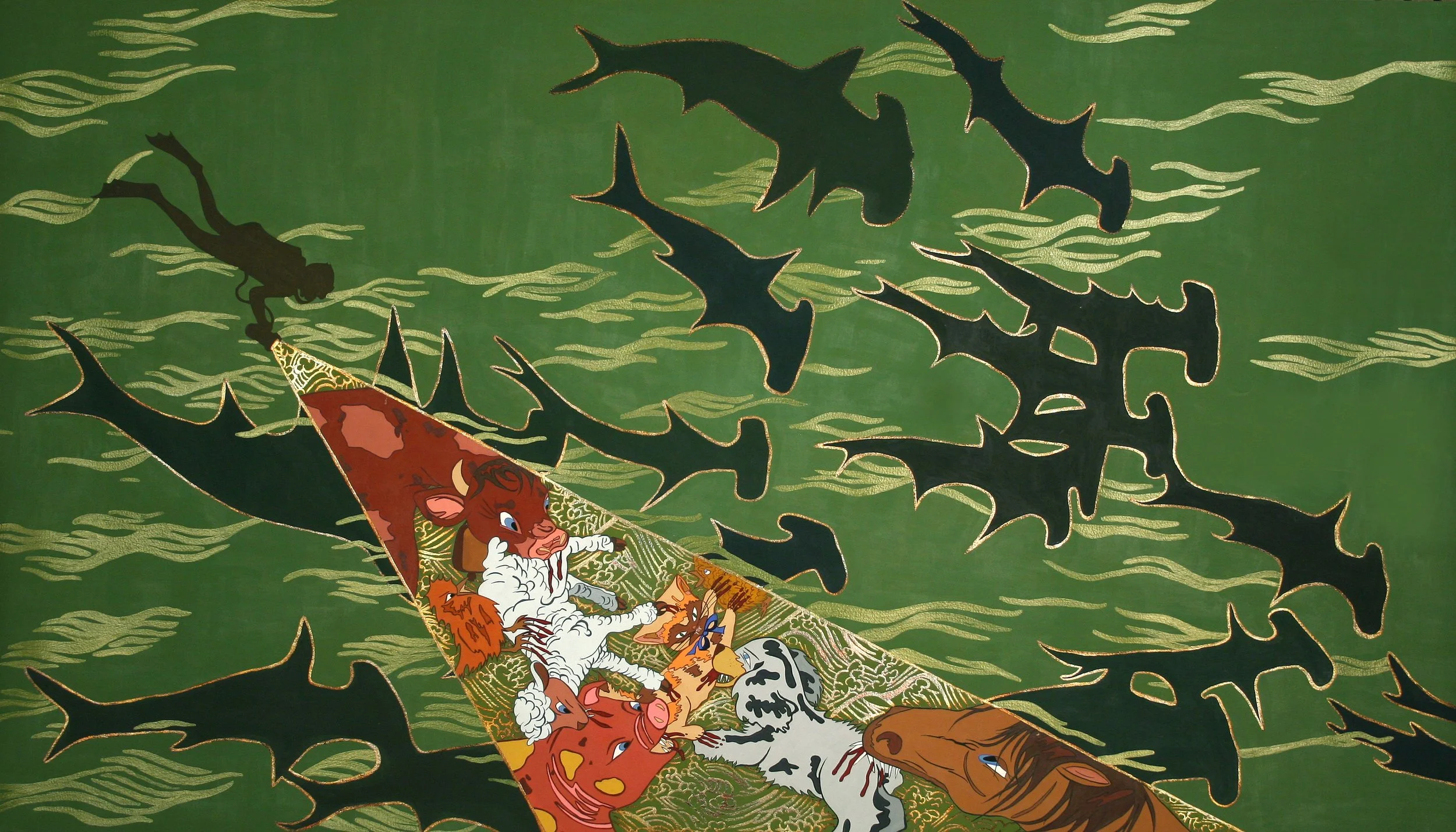 Submerged Conscious, gouache and gold leaf on paper