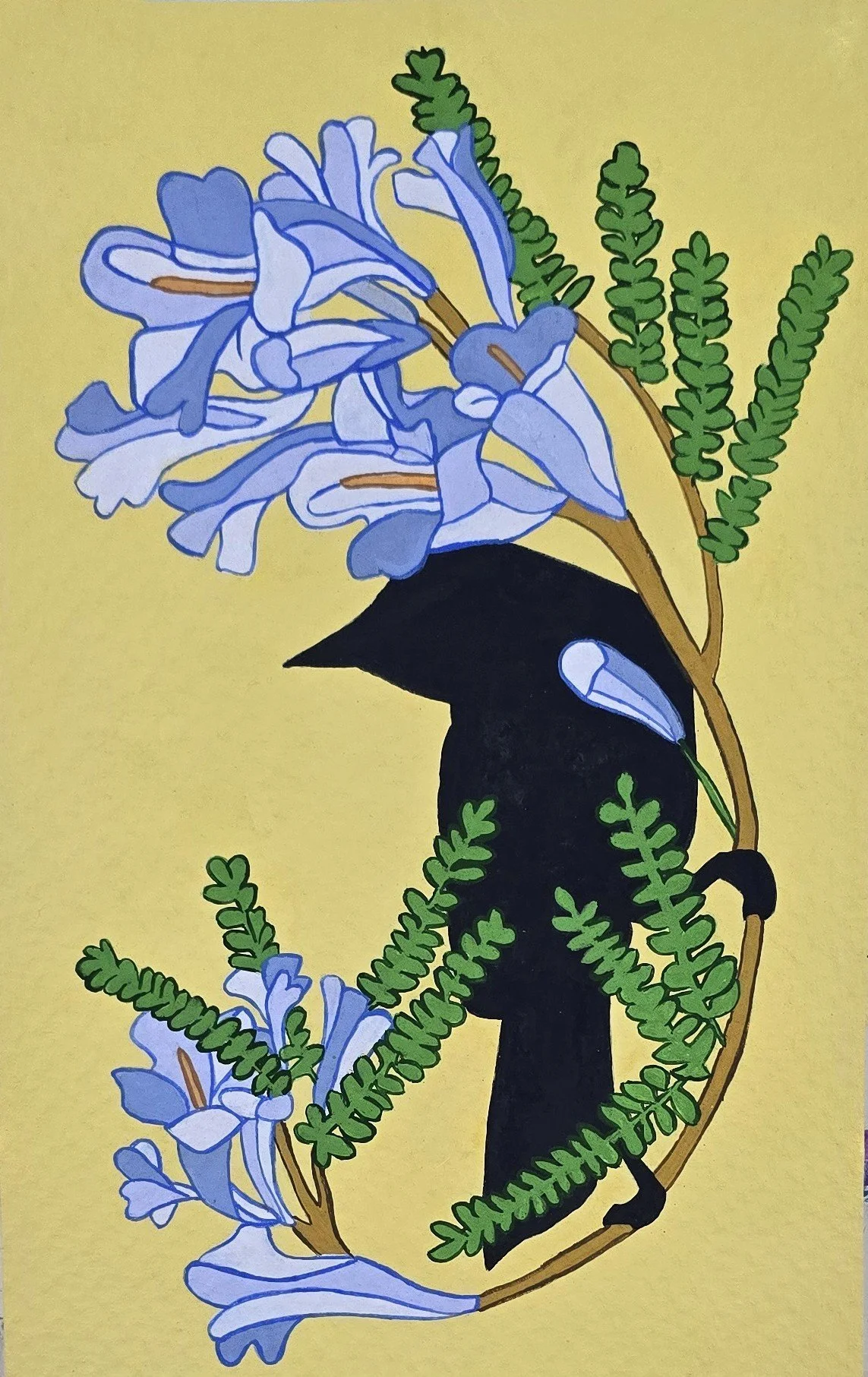 Woody Amongst the Jacarandas, gouache on paper, 5"x8"