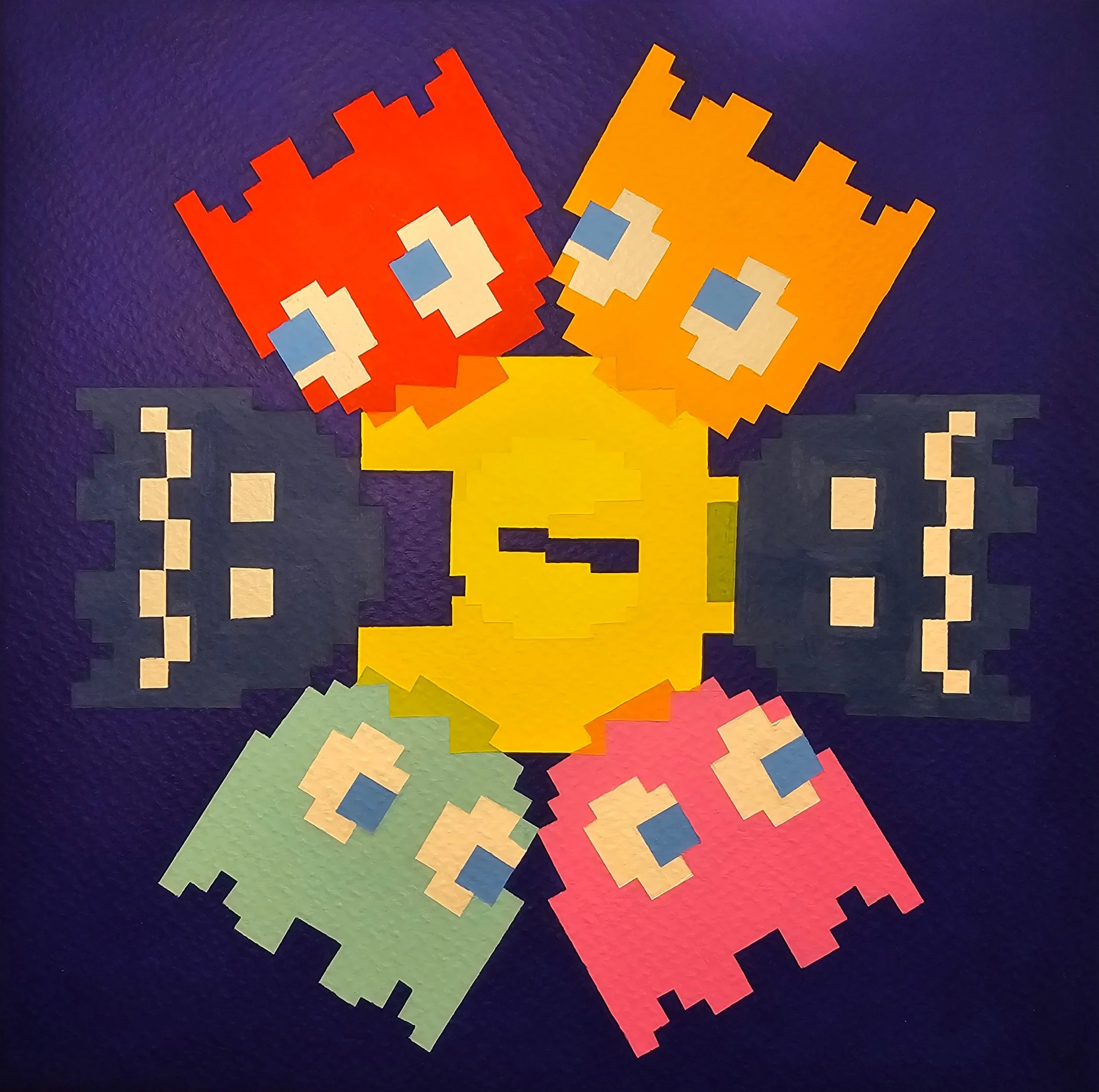 Pac-Man Experiences Nonduality, gouache on stretched paper, 12"x12"