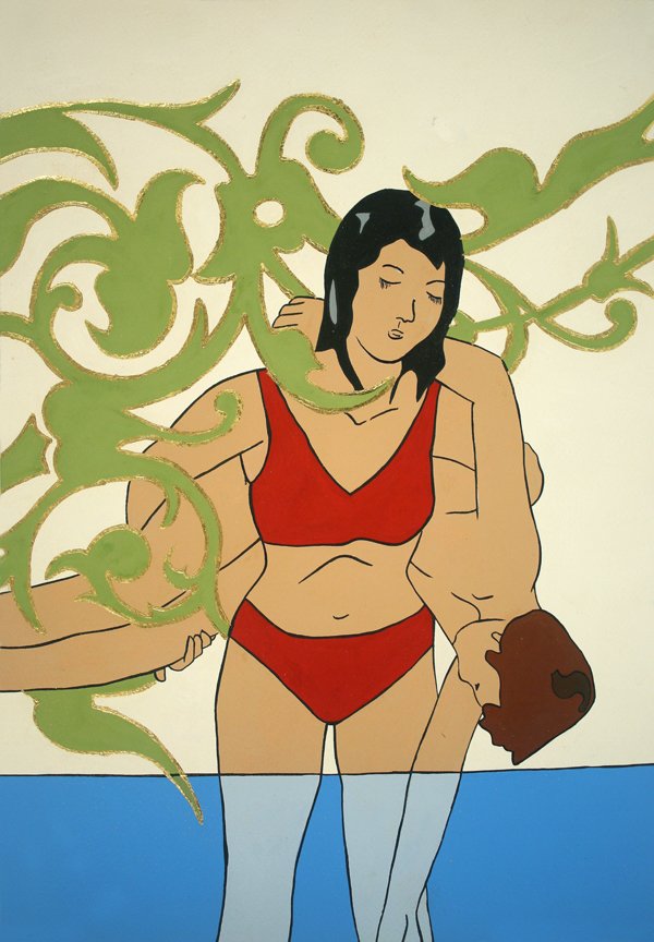 Fireman's Carry, gouache and gold leaf on paper