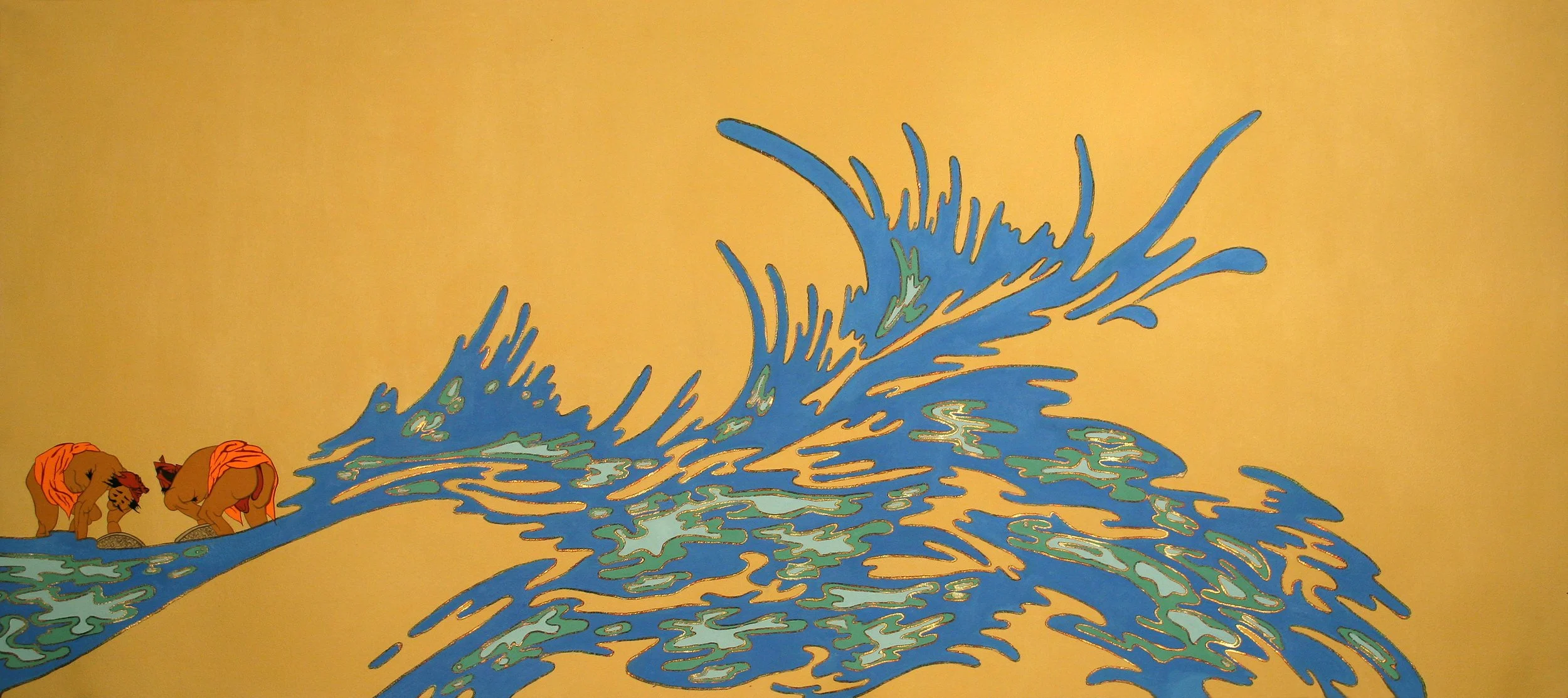 Tsunami, gouache and gold leaf on paper