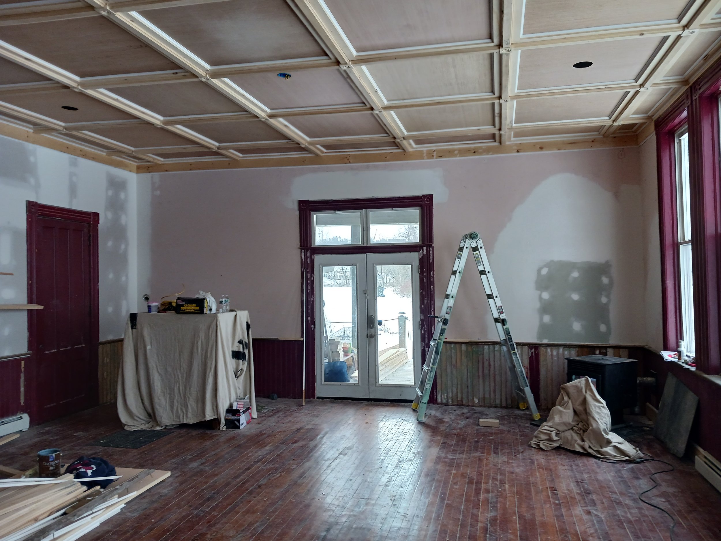 We were subbed to paint at this old schoolhouse in Fort Hunter NY. Great craftmanship went into this Crawford ceiling by Thomas Construction.