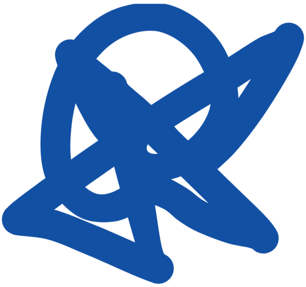 Symbole bleu représentant un atome avec des orbites et des électrons.