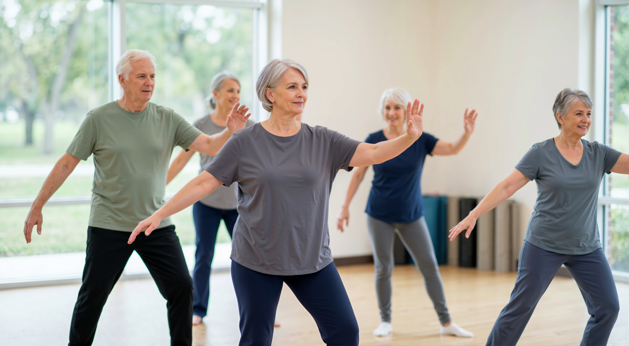 Group of senior adults practicing Tai Chi in a bright studio, older men and women participating in a fitness class for active aging and weight loss