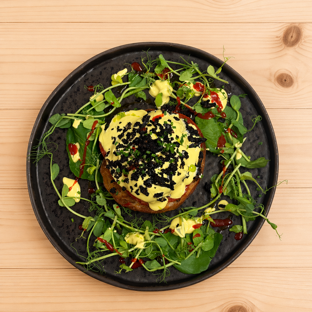 Gourmet dish with a toasted bread topped with creamy yellow sauce, black crumbs, and garnished with microgreens, served on a black plate with a green herb salad, drizzled with red and yellow sauces.