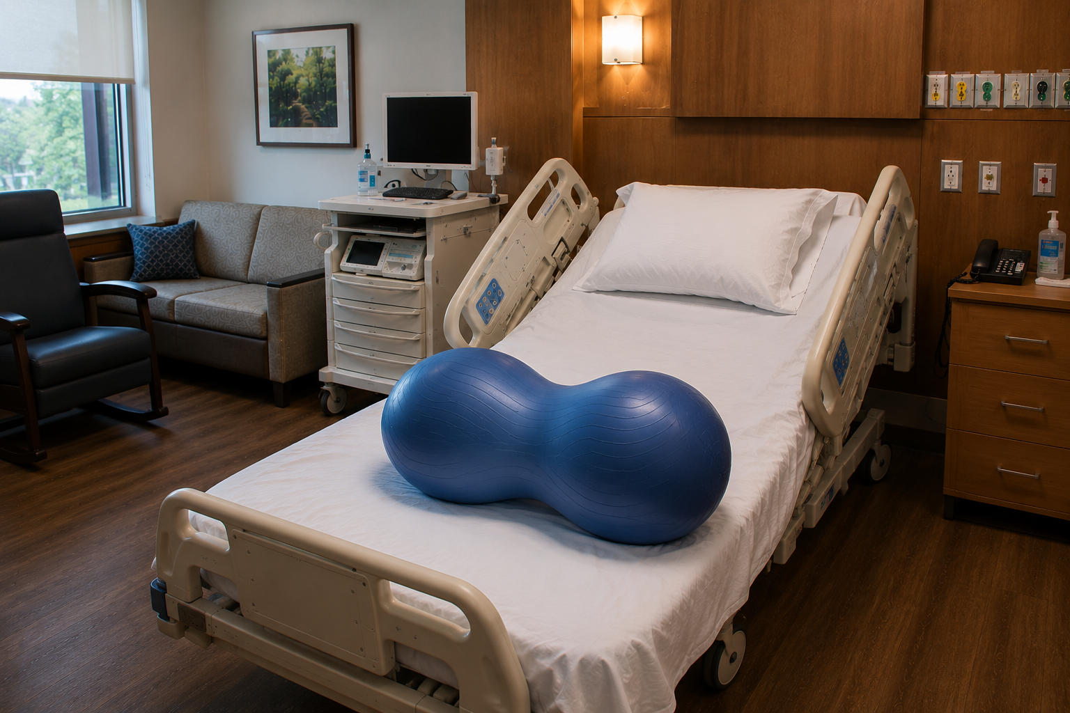 Hospital labor suite with peanut ball on bed for labor positioning support.