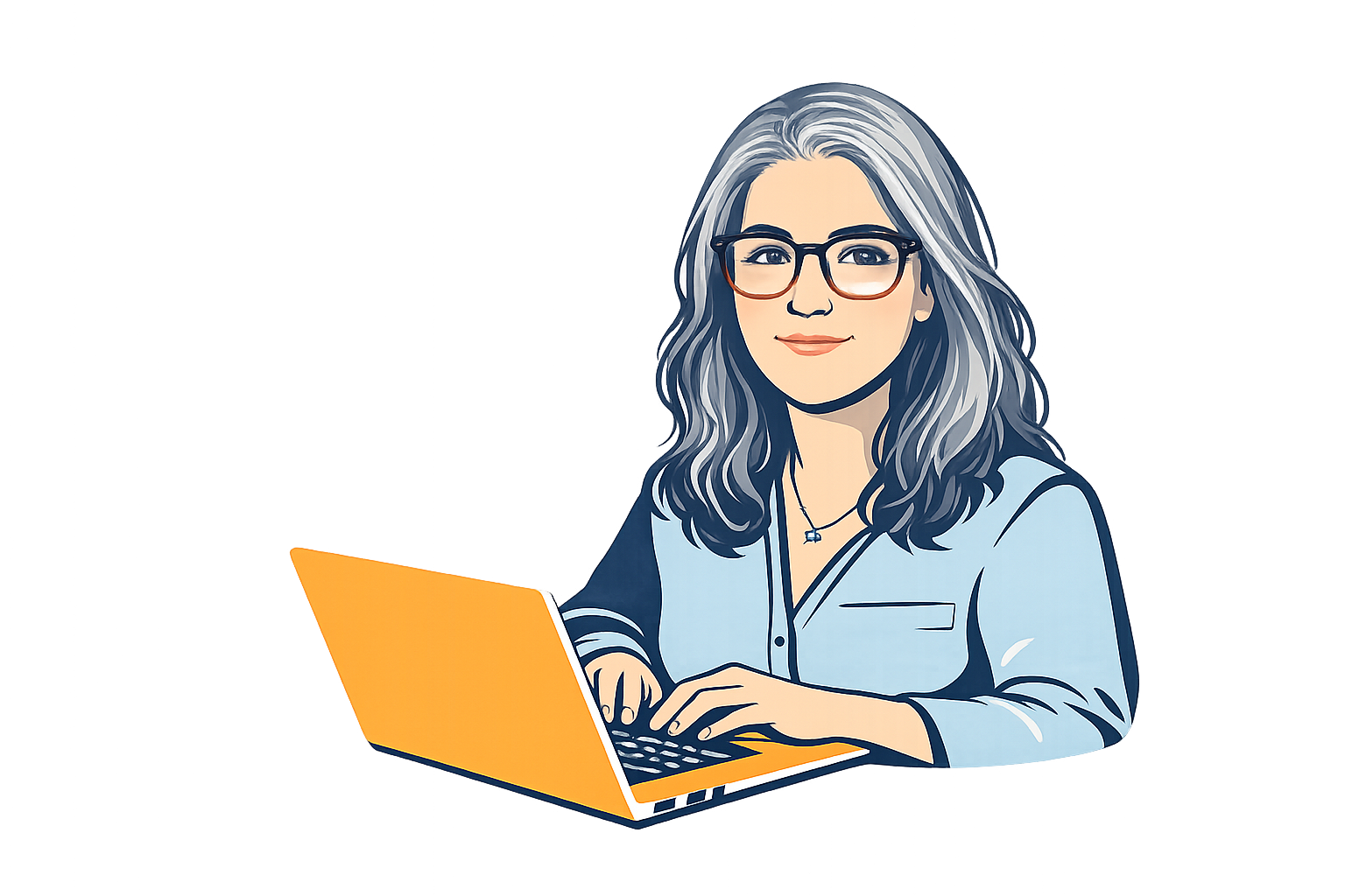 Illustration of a woman with gray hair, wearing glasses and a light blue shirt, sitting at a desk and working on an orange laptop.