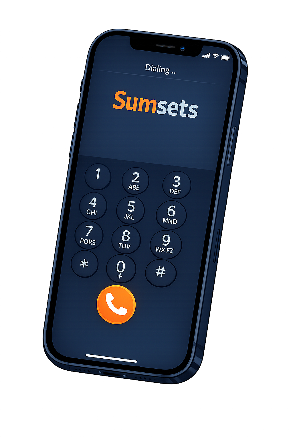 Smartphone with a dial pad on the screen and the word 'Sumsets' displayed, set against a dark background with red lighting accents.