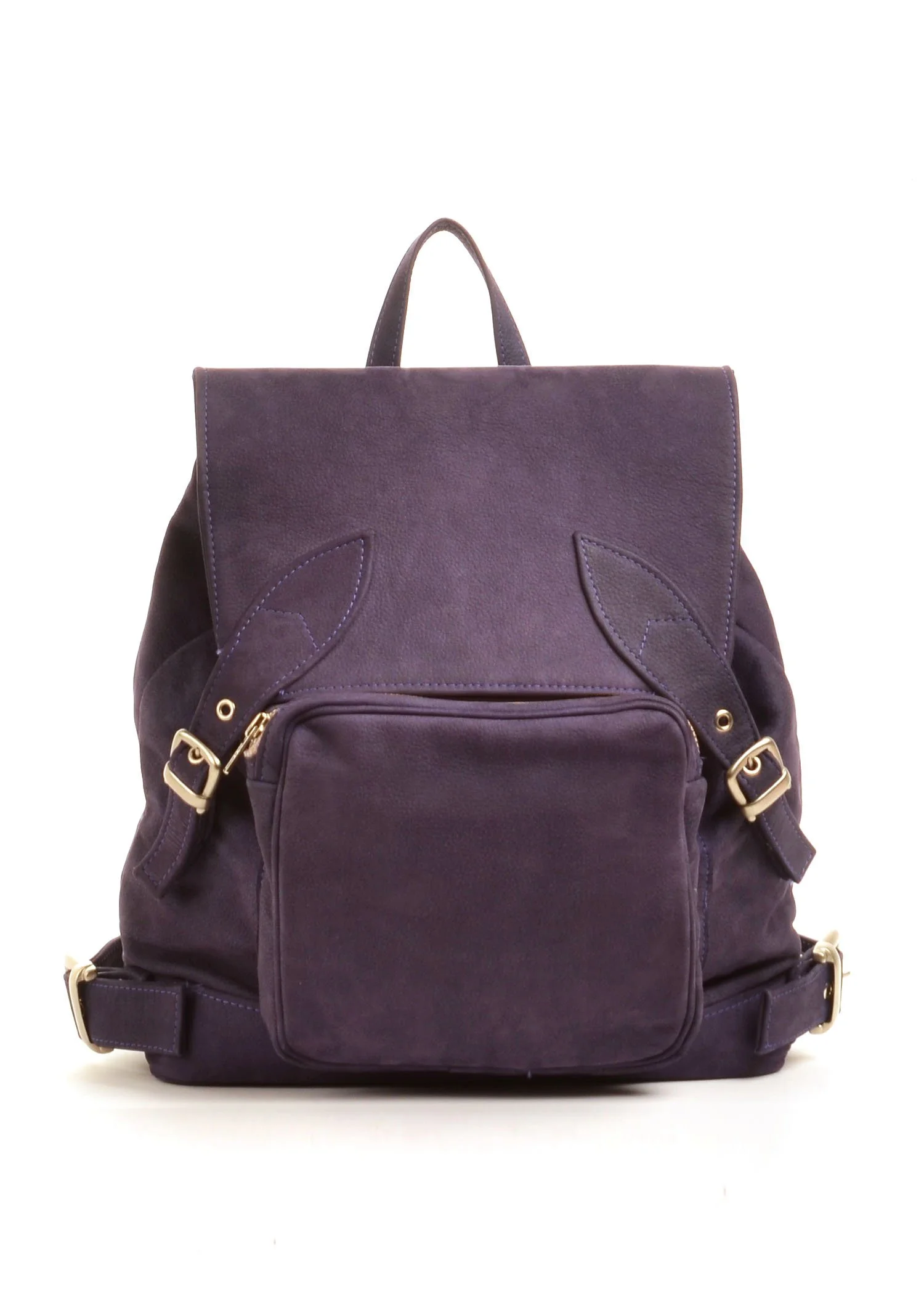 Purple backpack with gold buckles and a front pocket, set against a white background.