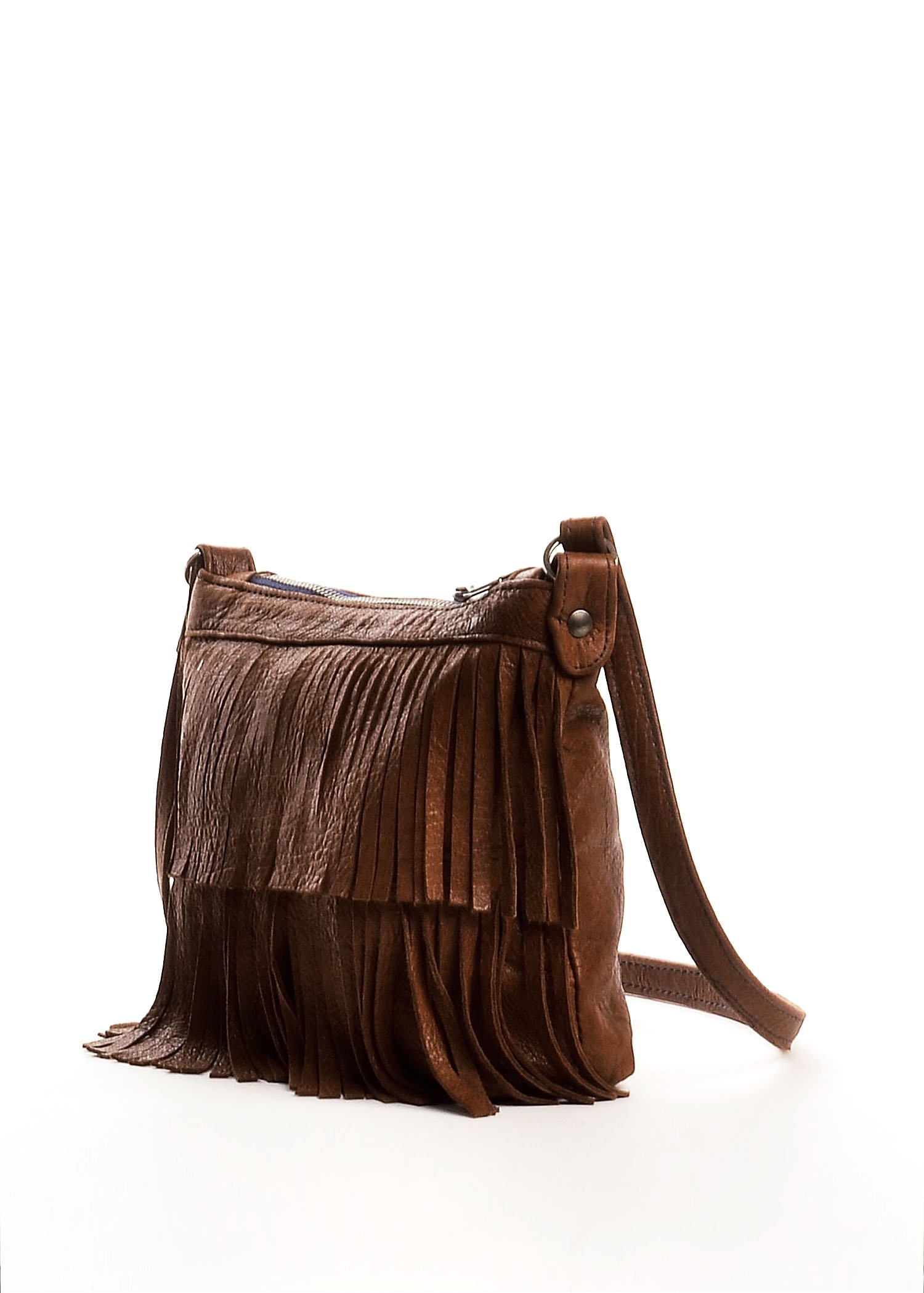 Brown leather handbag with fringed design against a white background.