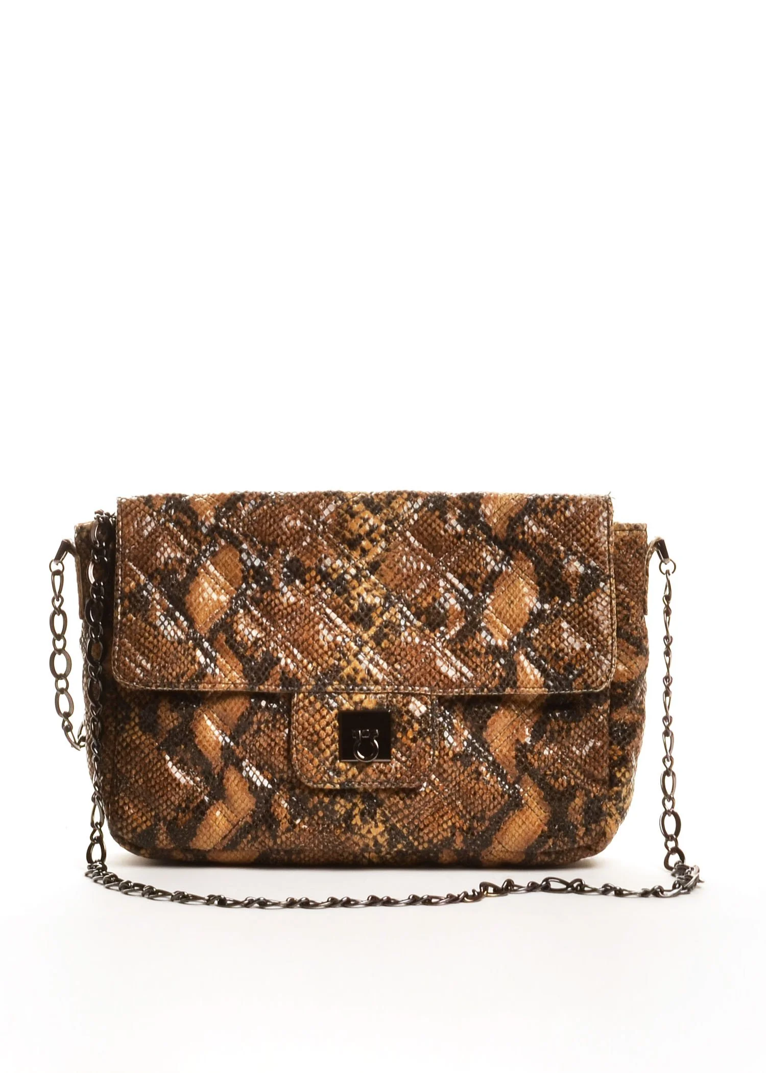 A brown and black snakeskin-patterned handbag with a chain strap and a front clasp.