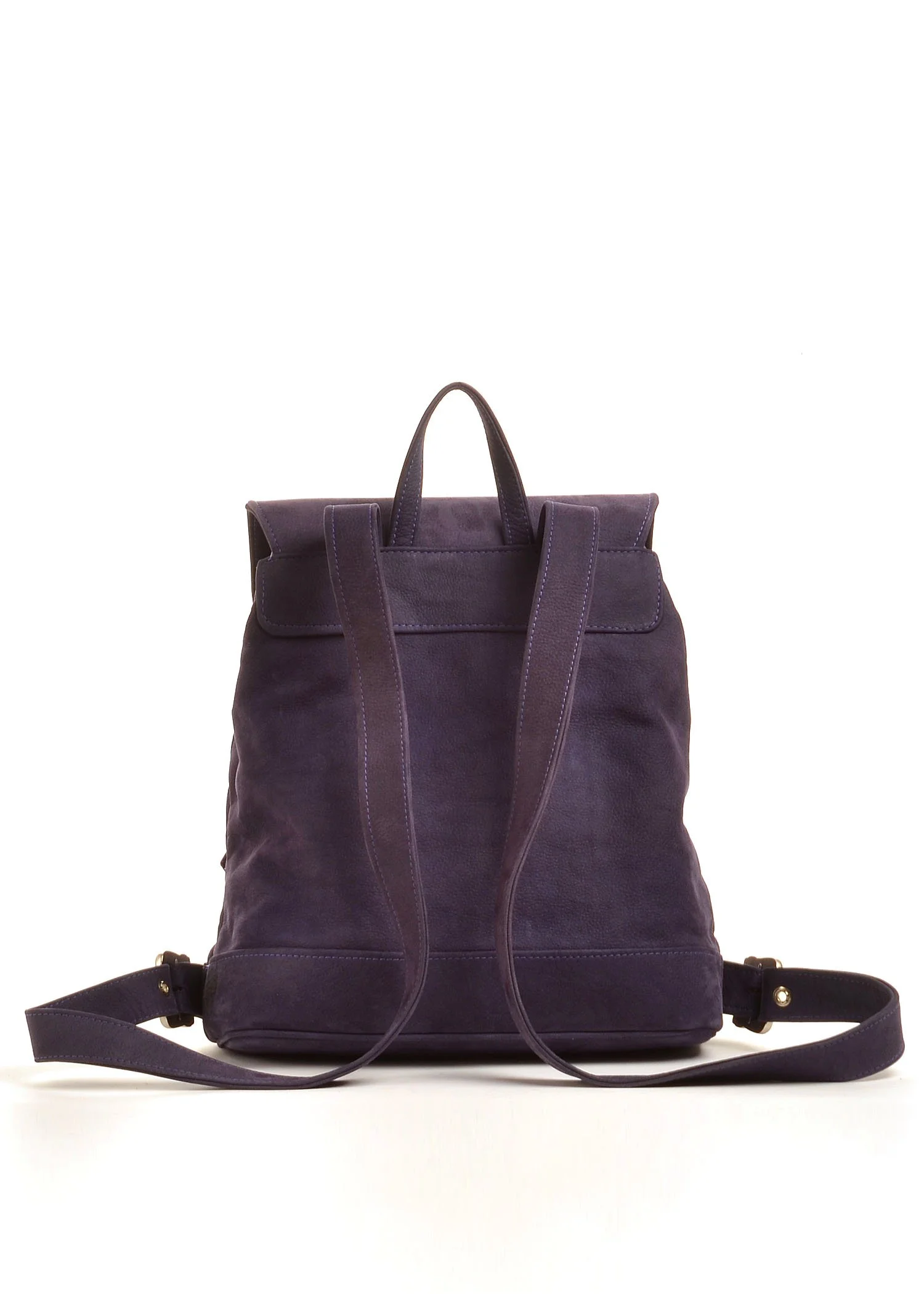 A purple leather backpack with two shoulder straps and a top handle, placed on a light-colored surface with a white background.