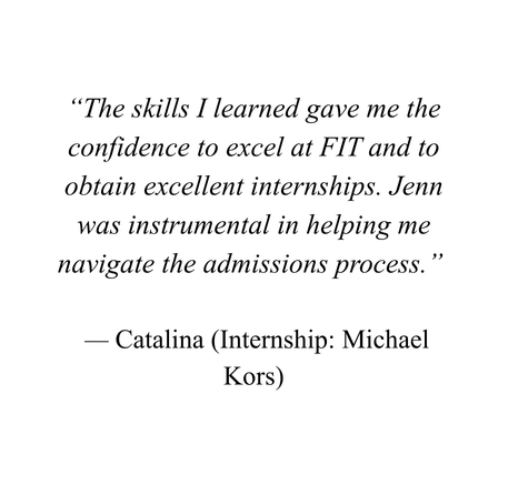 Quote about skills and internships by Catalina from Michael Kors internship, on a white background.