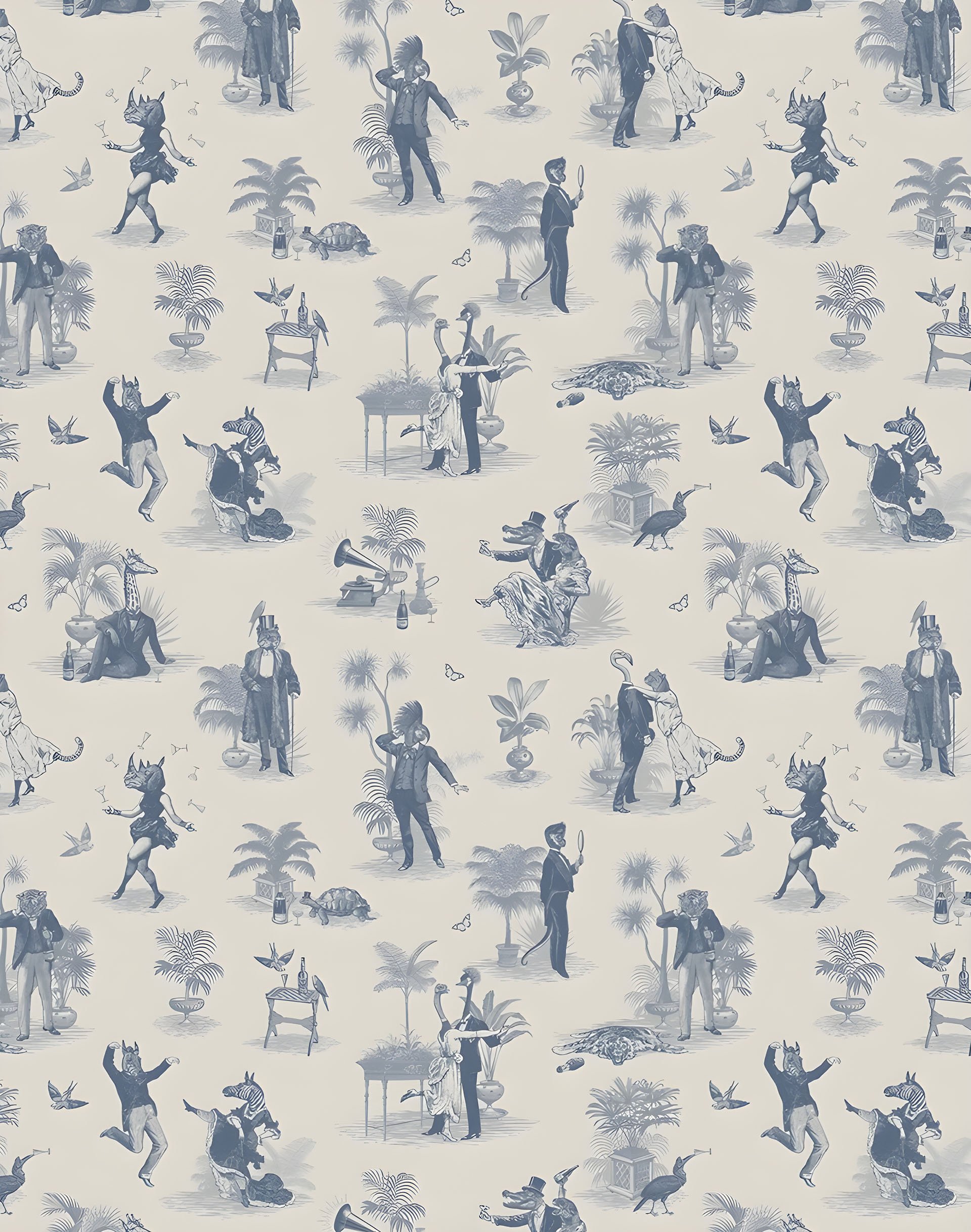 A vintage-style pattern with anthropomorphic animals, humanoid men, and various exotic plants, stylized in shades of blue and gray.