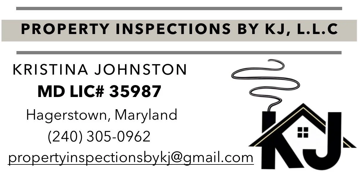 Business card for property inspections by KJ, LLC, with contact info for Kristina Johnston, including phone number, email, and license number, and a logo of a house with a chimney emitting smoke.